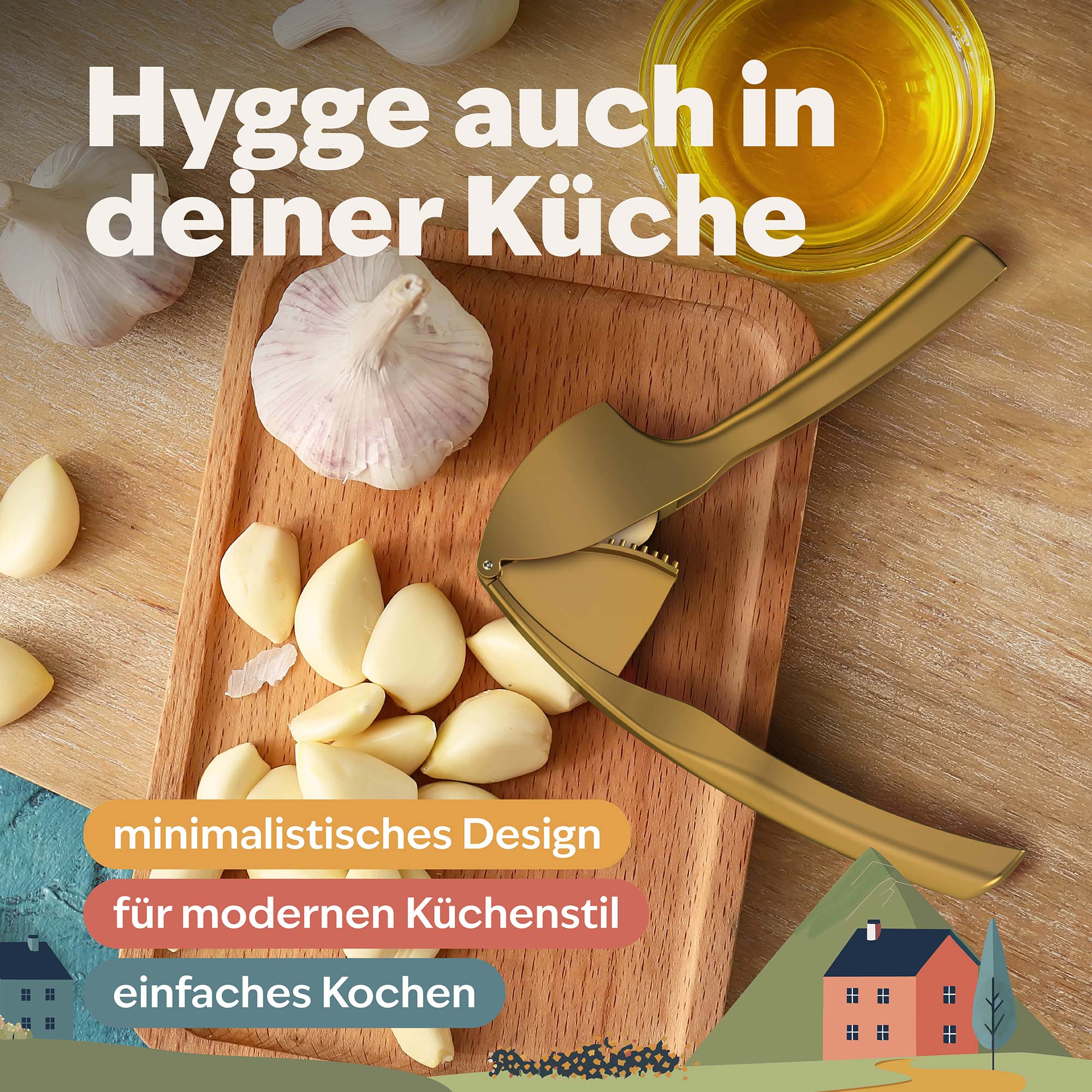 Goldene Knoblauchpresse auf Holzbrett mit frischem Knoblauch und Olivenöl, stilvolles Küchenzubehör im minimalistischen Design für modernes Kochen