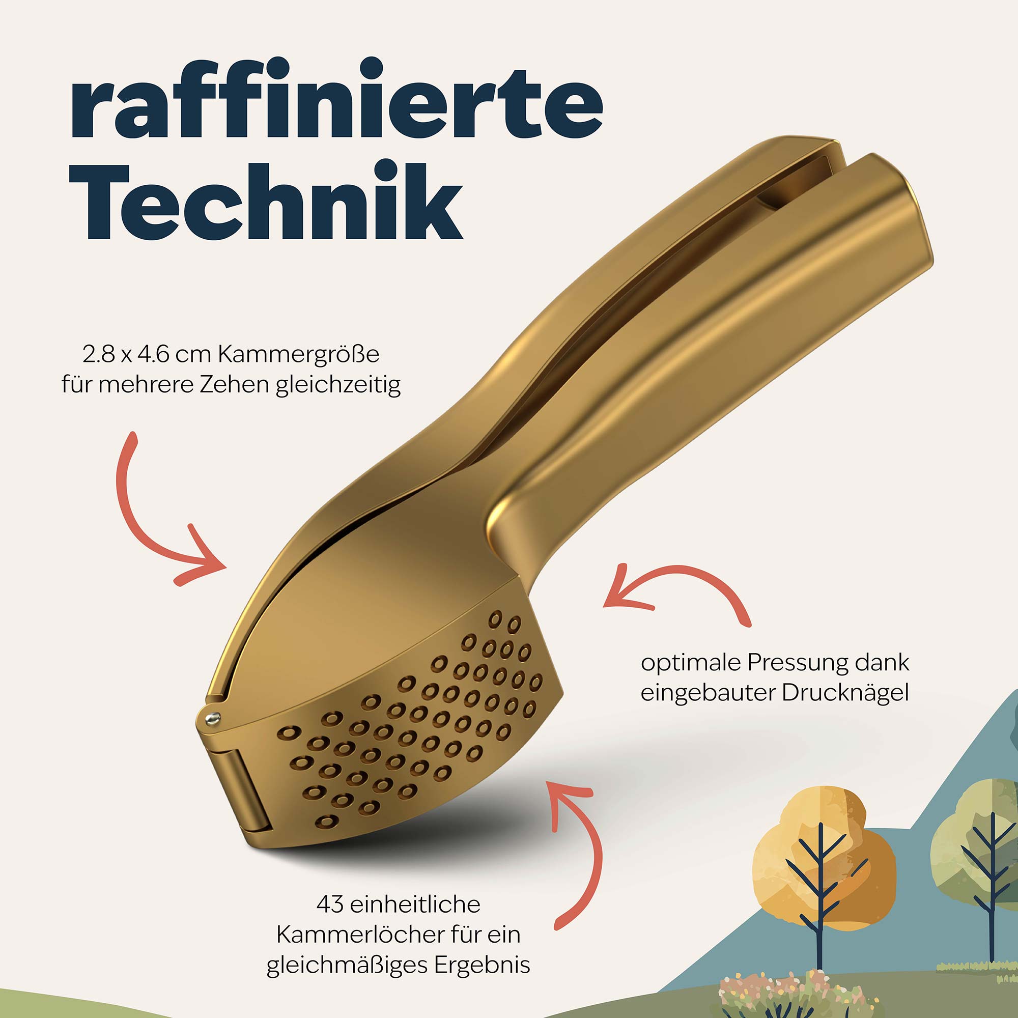 Detailansicht goldene Knoblauchpresse mit technischen Highlights, extra große Kammer und gleichmäßige Lochstruktur für müheloses Pressen mehrerer Zehen