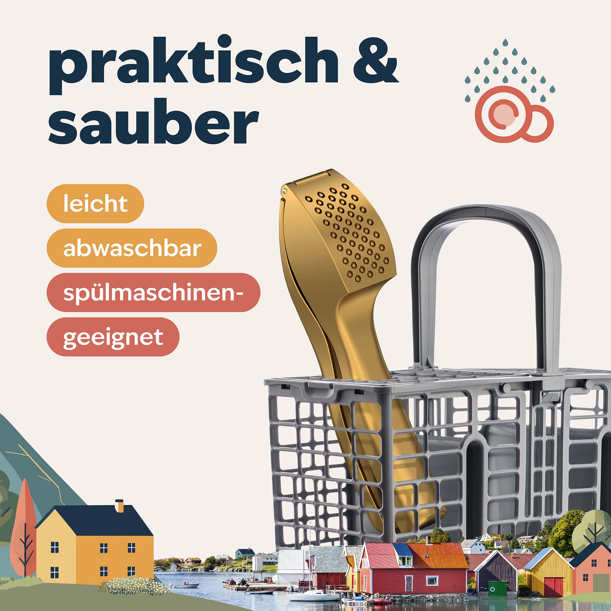 Goldene Knoblauchpresse von kjøk im Besteckkorb der Spülmaschine, praktisch und leicht zu reinigen, perfekt für die moderne Küche