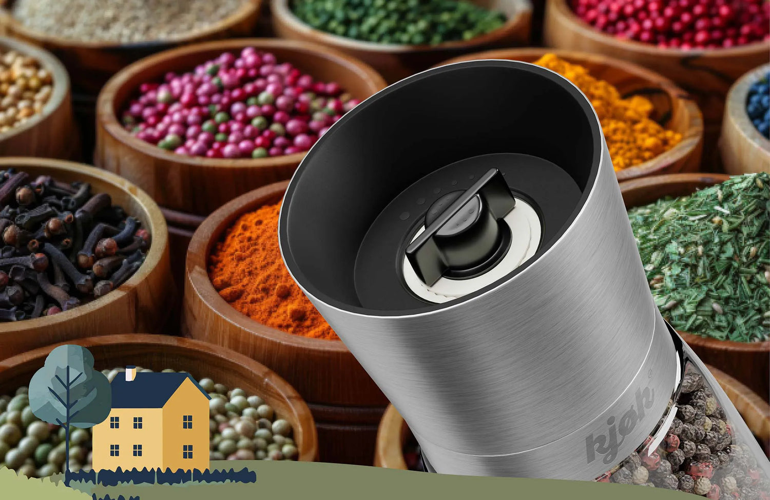 Salz- und Pfeffermühle aus Edelstahl vor Schalen mit verschiedenen Gewürzen