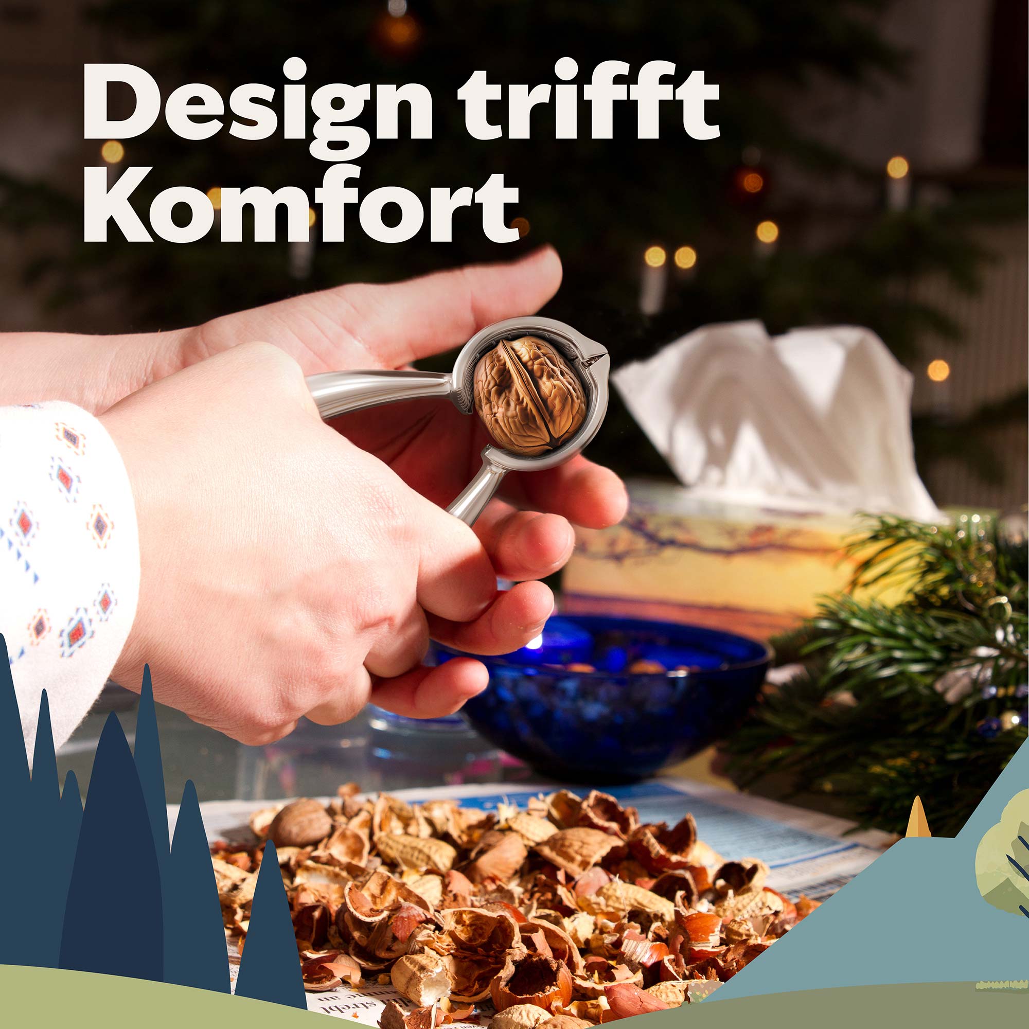 Frau knackt Walüsse mit robustem Nussknacker