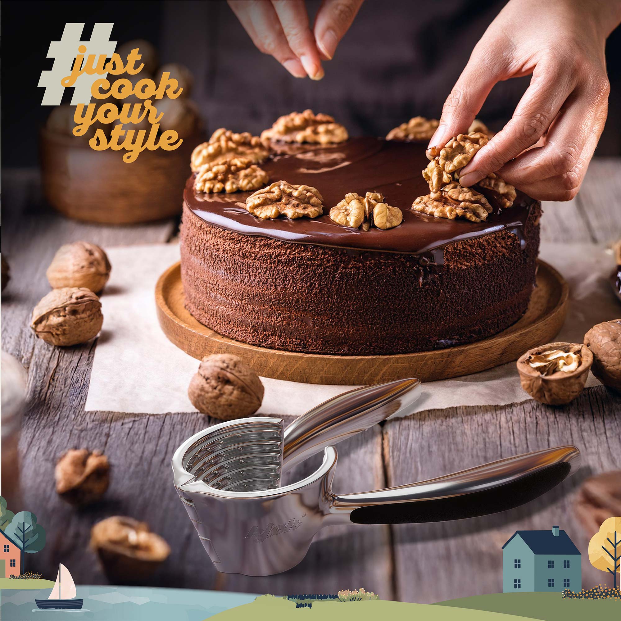 Schokoladenkuchem mit Walnüssen und Nussknacker im Vordergund