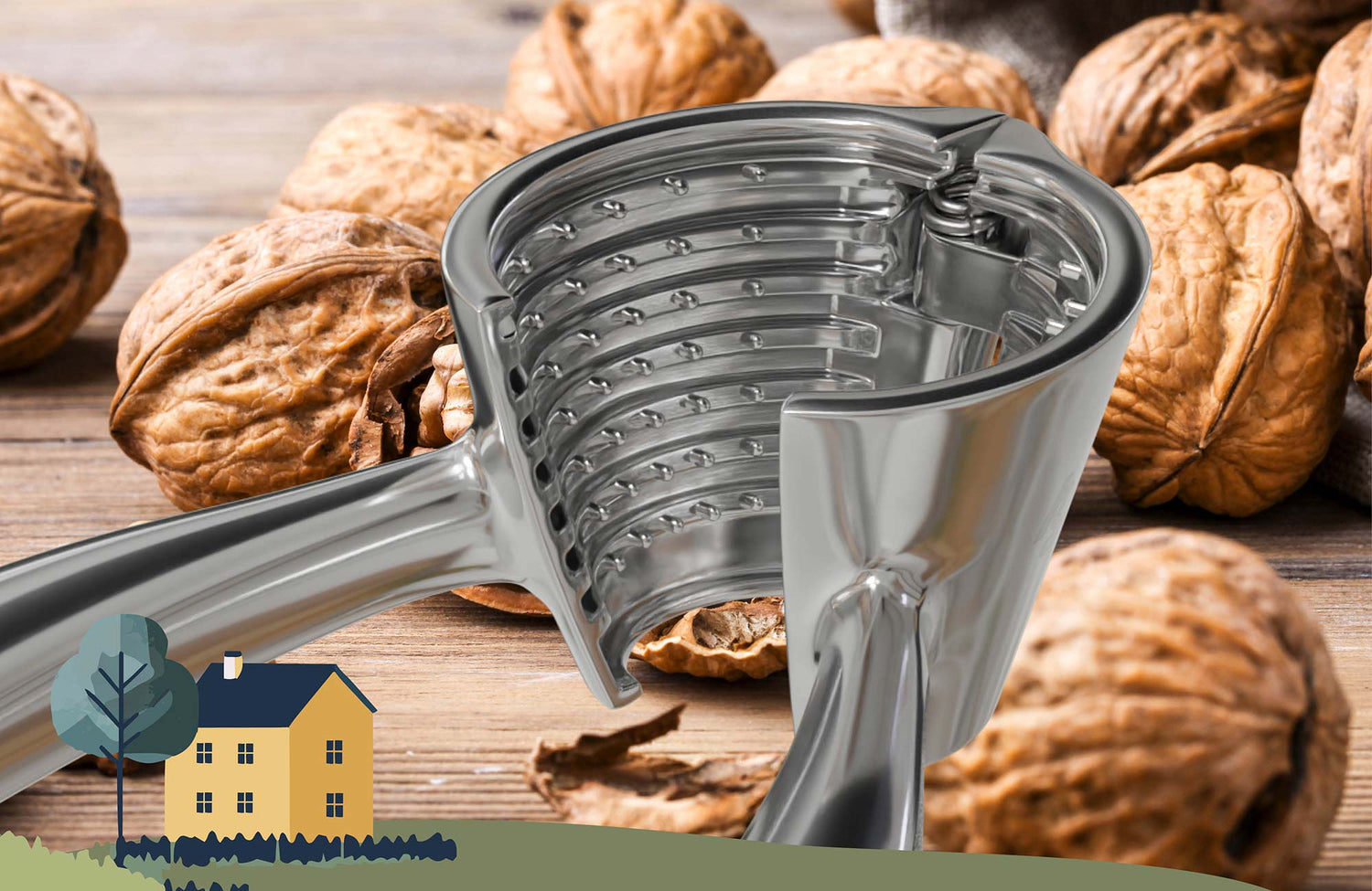 Detailansicht Nussknacker mit Walnüssen im Hintergrund