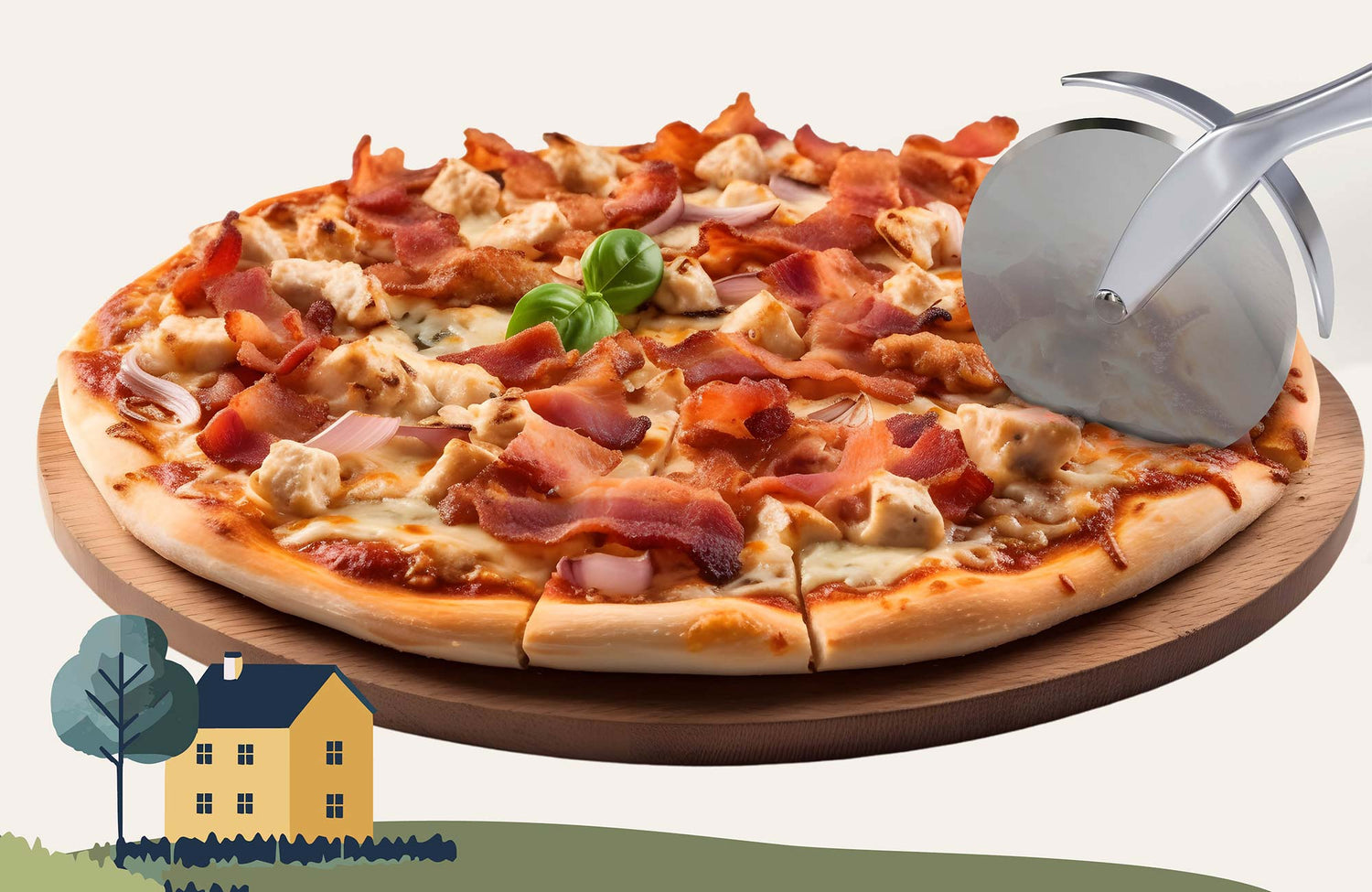 pizzaschneider schneidet pizza in gleichmäßige Stücke, scharfe Klinge