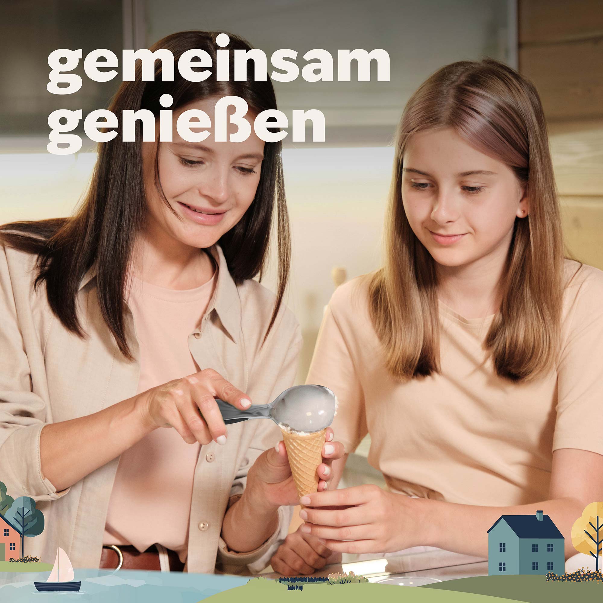 Zwei Schwestern nutzen hochwertigen Eisportionierer von kjøk, um Eiskugel auf Waffel zu platzieren