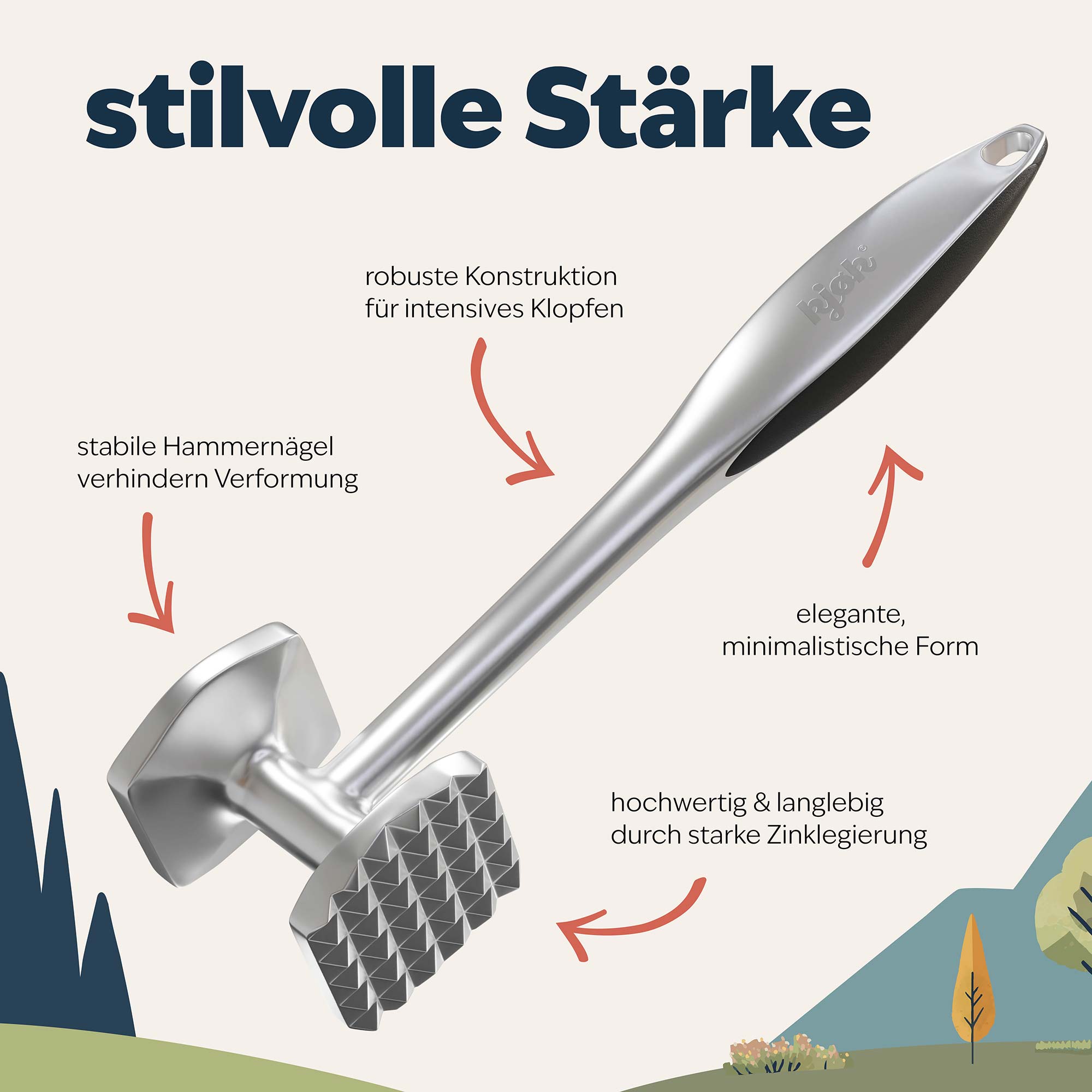 Gesamtbild Fleischklopfer mit vielen verschiedenen technischen Details