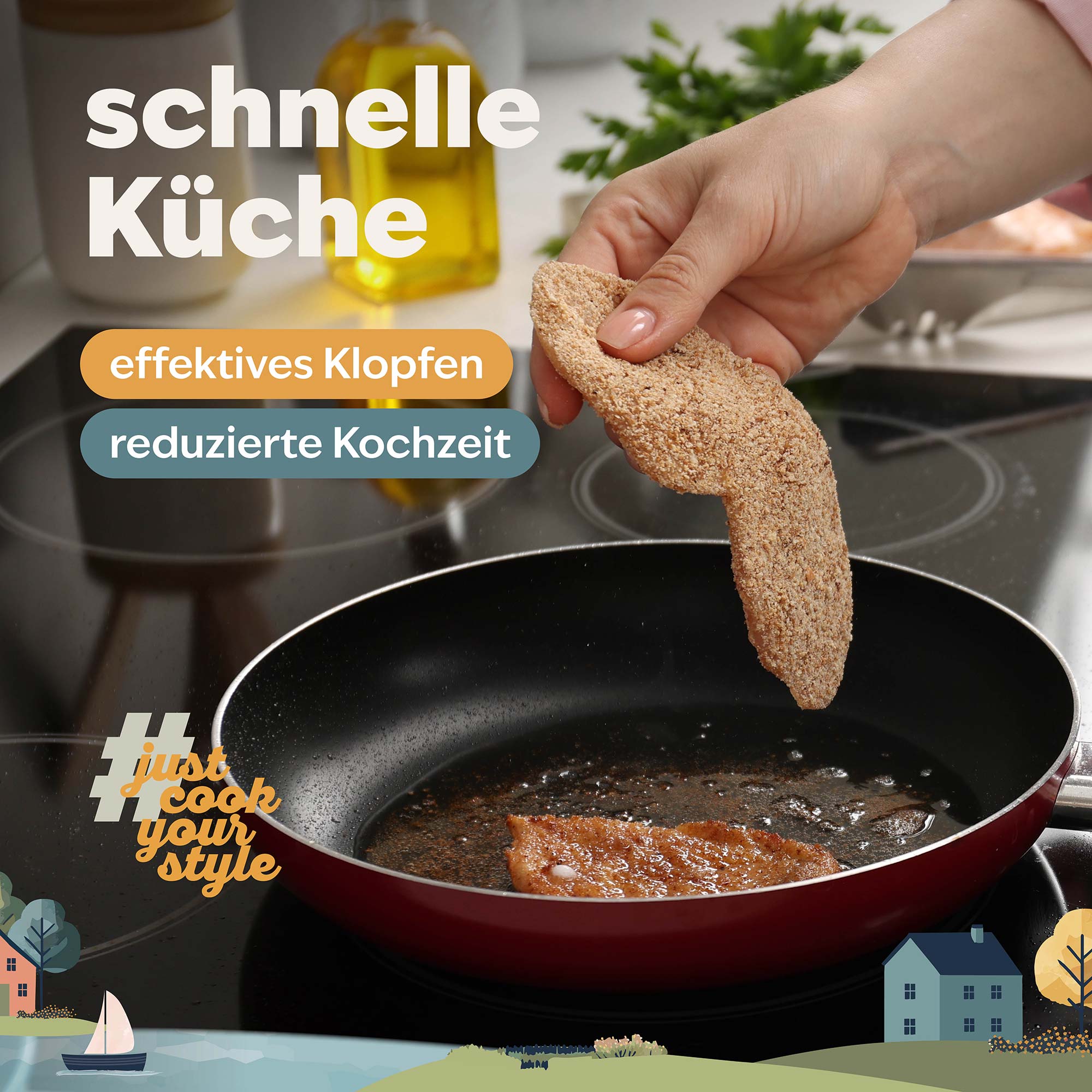 Hand legt paniertes Schnitzel in heiße Pfanne