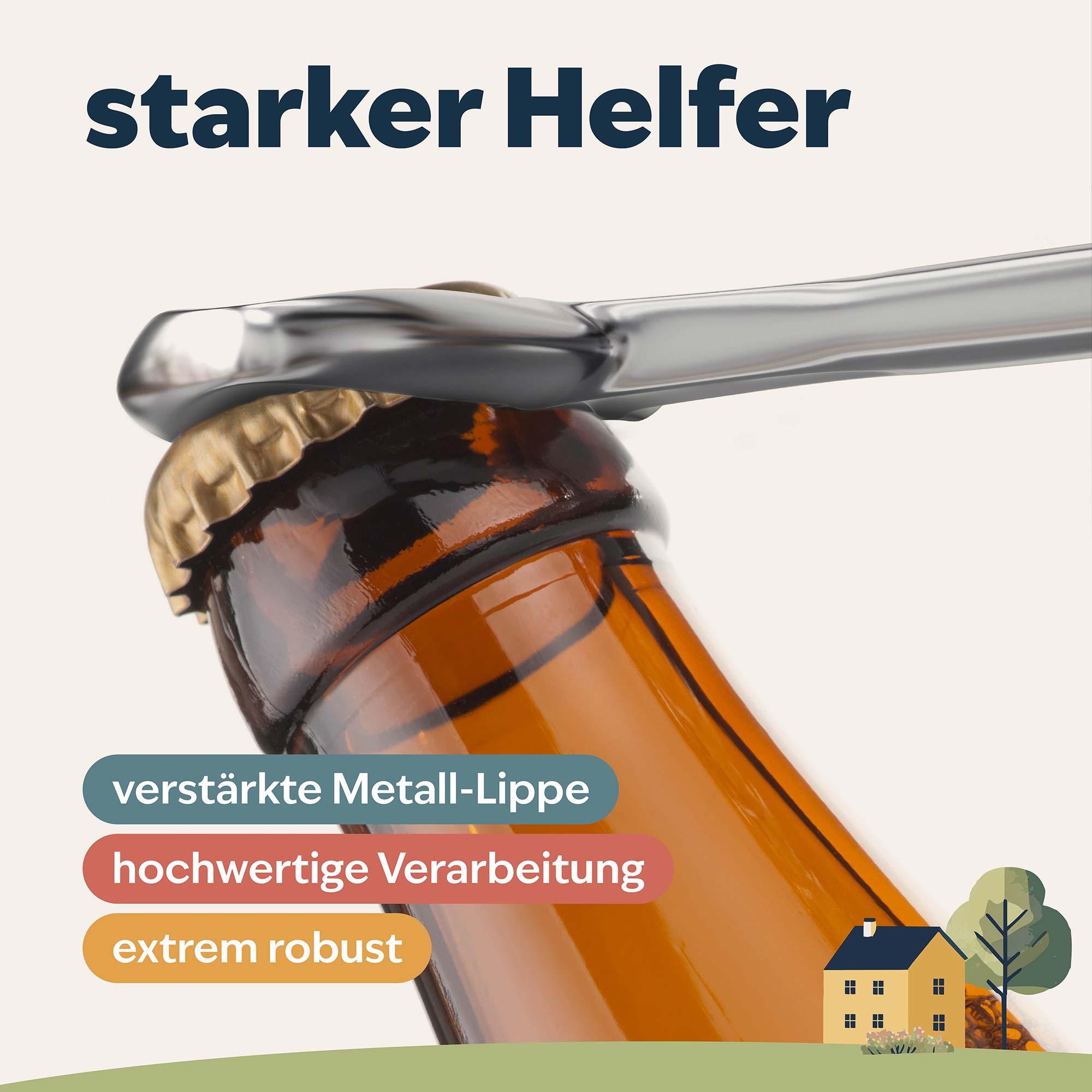 Nahaufnahme von Flaschenöffner, der den Kronkorken einer braunen Glasflasche öffnet