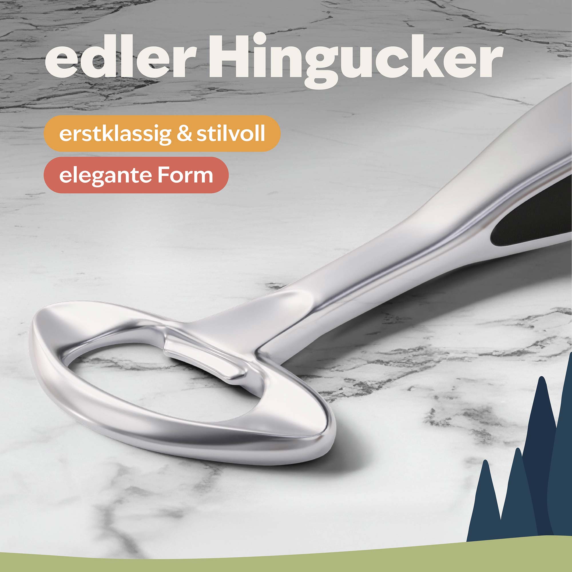 Nahaufnahme Metalllippe des hochwertigen Flaschenöffners auf edlem Marmor