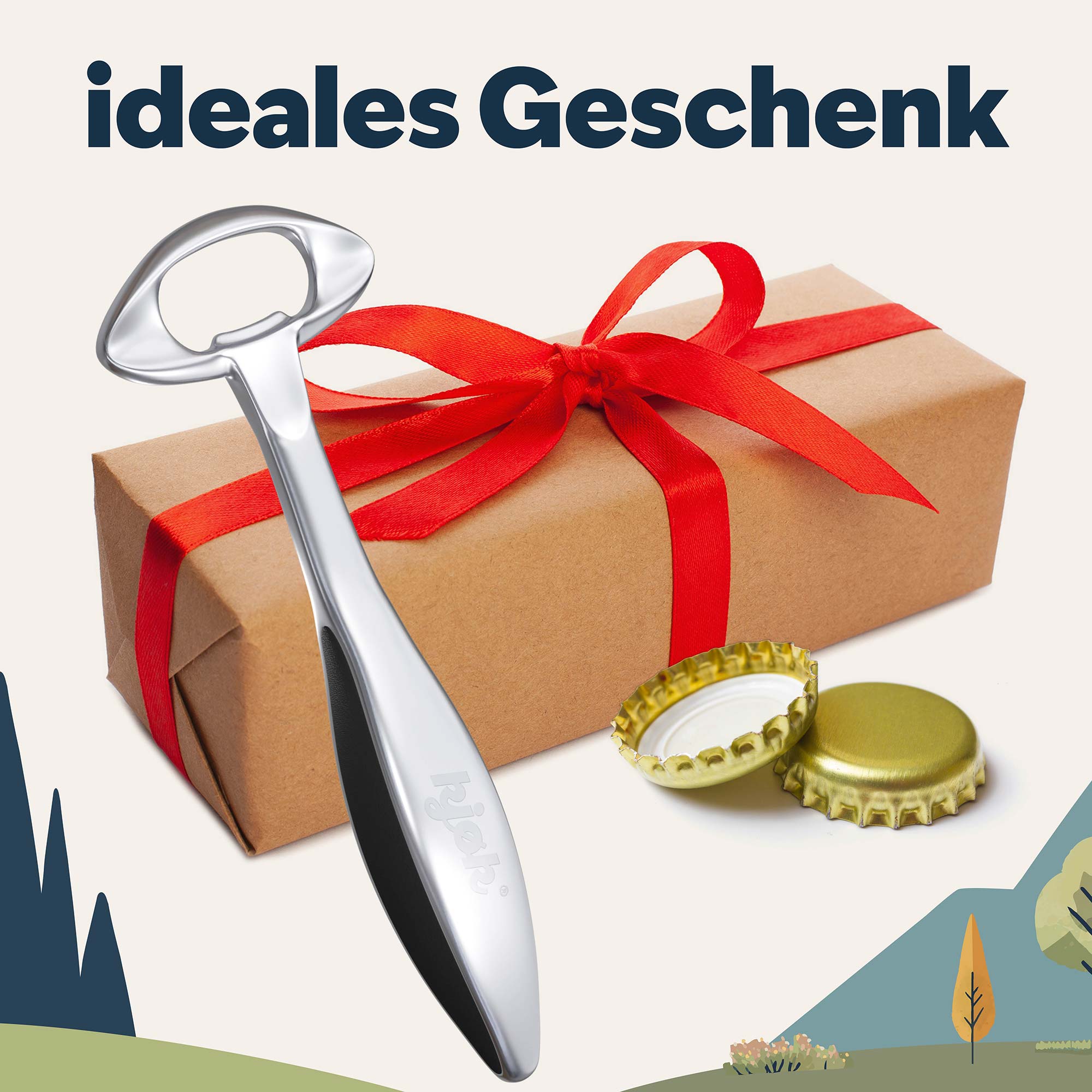 Hochwertiger Flaschenöffner vor Geschenkverpackung, daneben Kronkorken