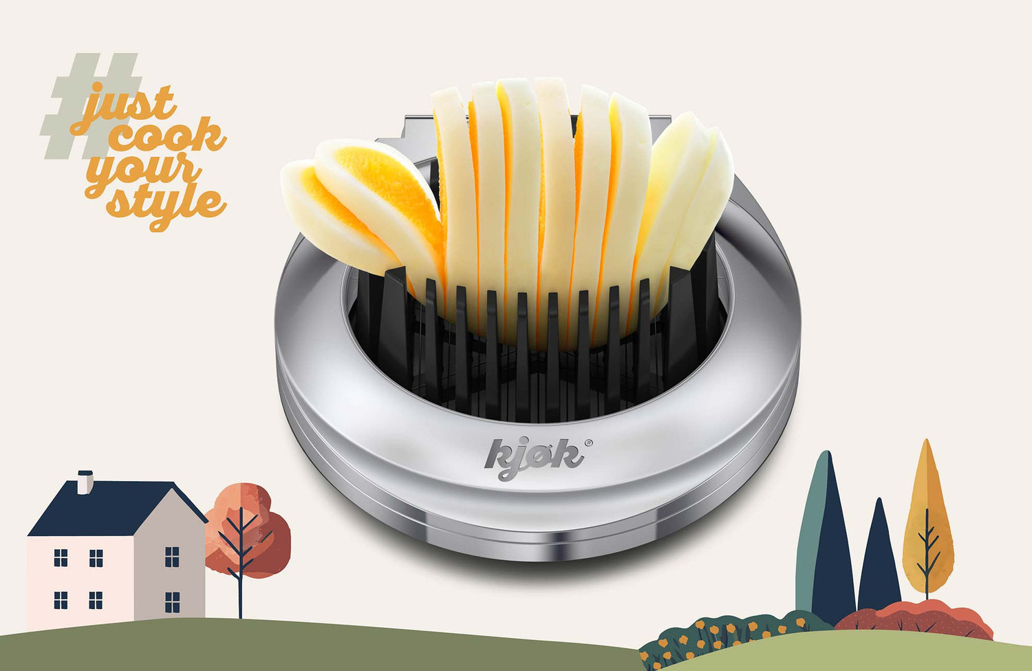 perfekt aufgeteilte Eierscheiben im Eierschneider, zeigt Funktion