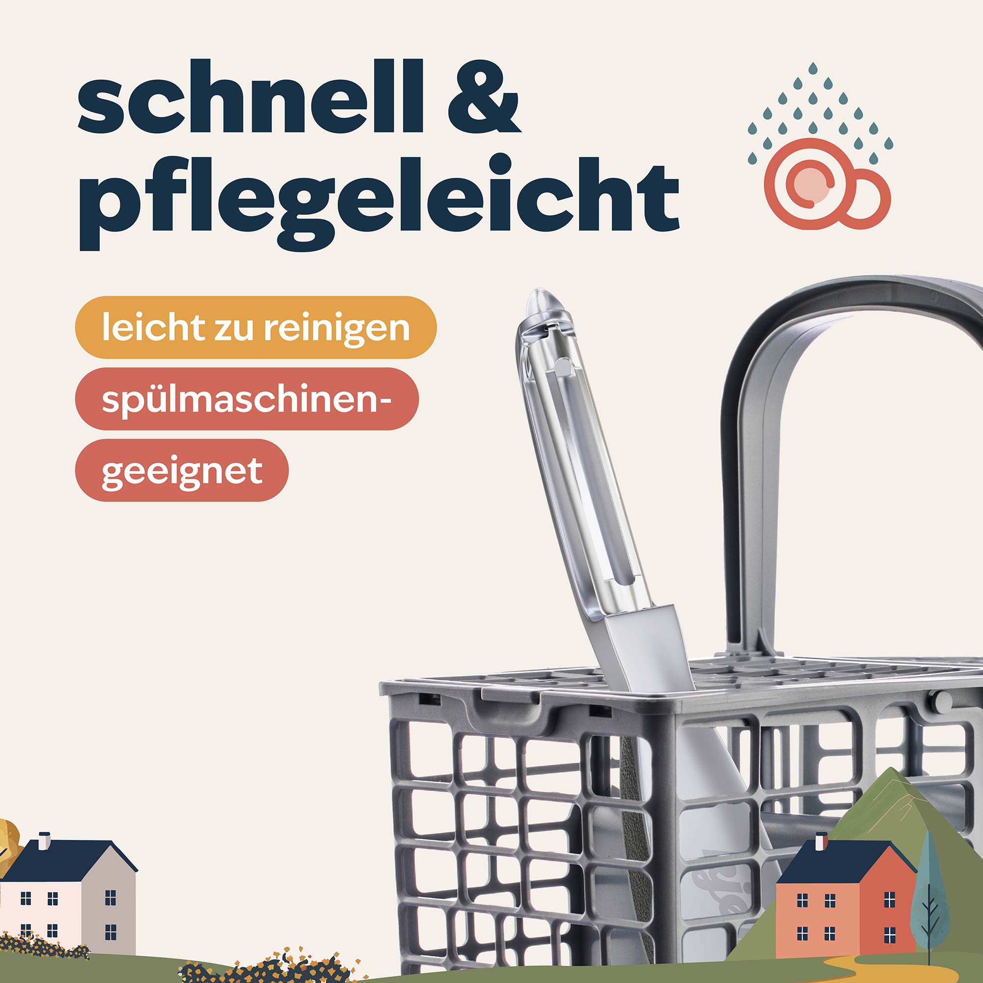 Sparschäler in einem Spülmaschinenkorb