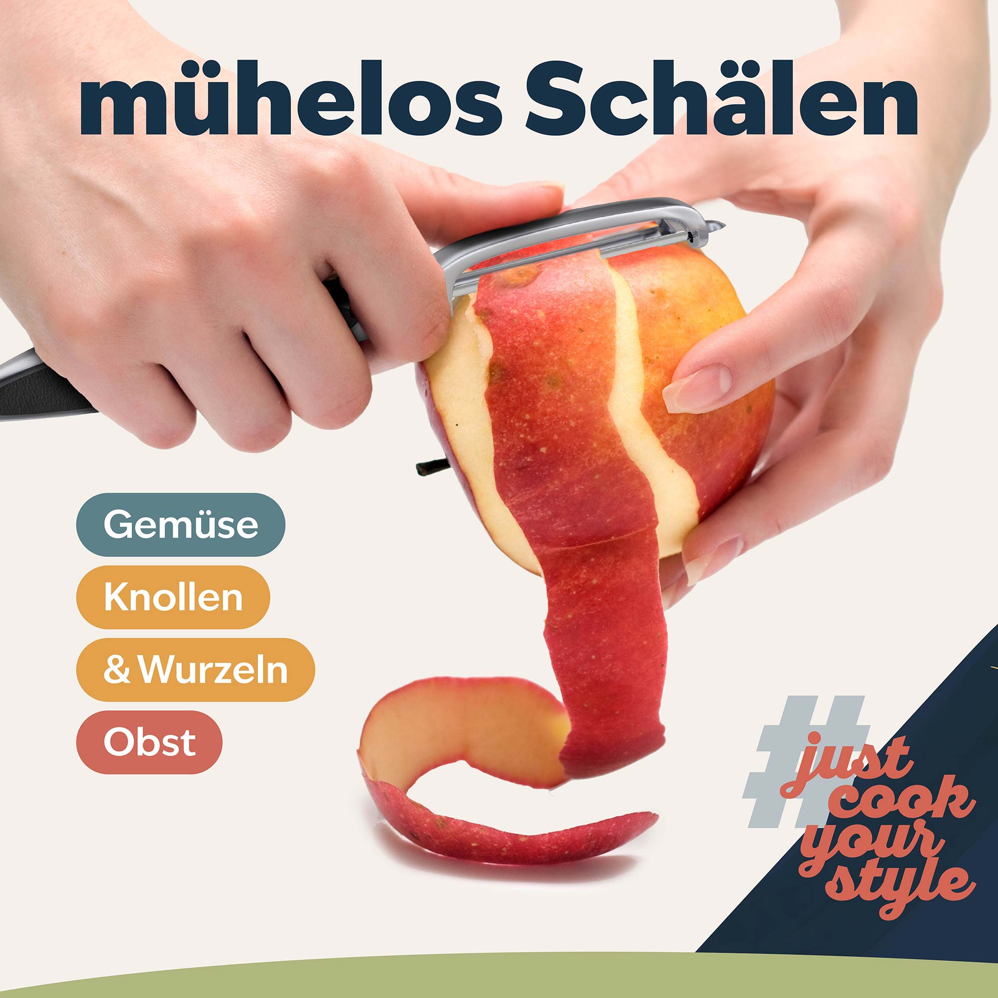 Feminine Hand hält den Sparschäler und schält die Haut eines roten Apfels ab