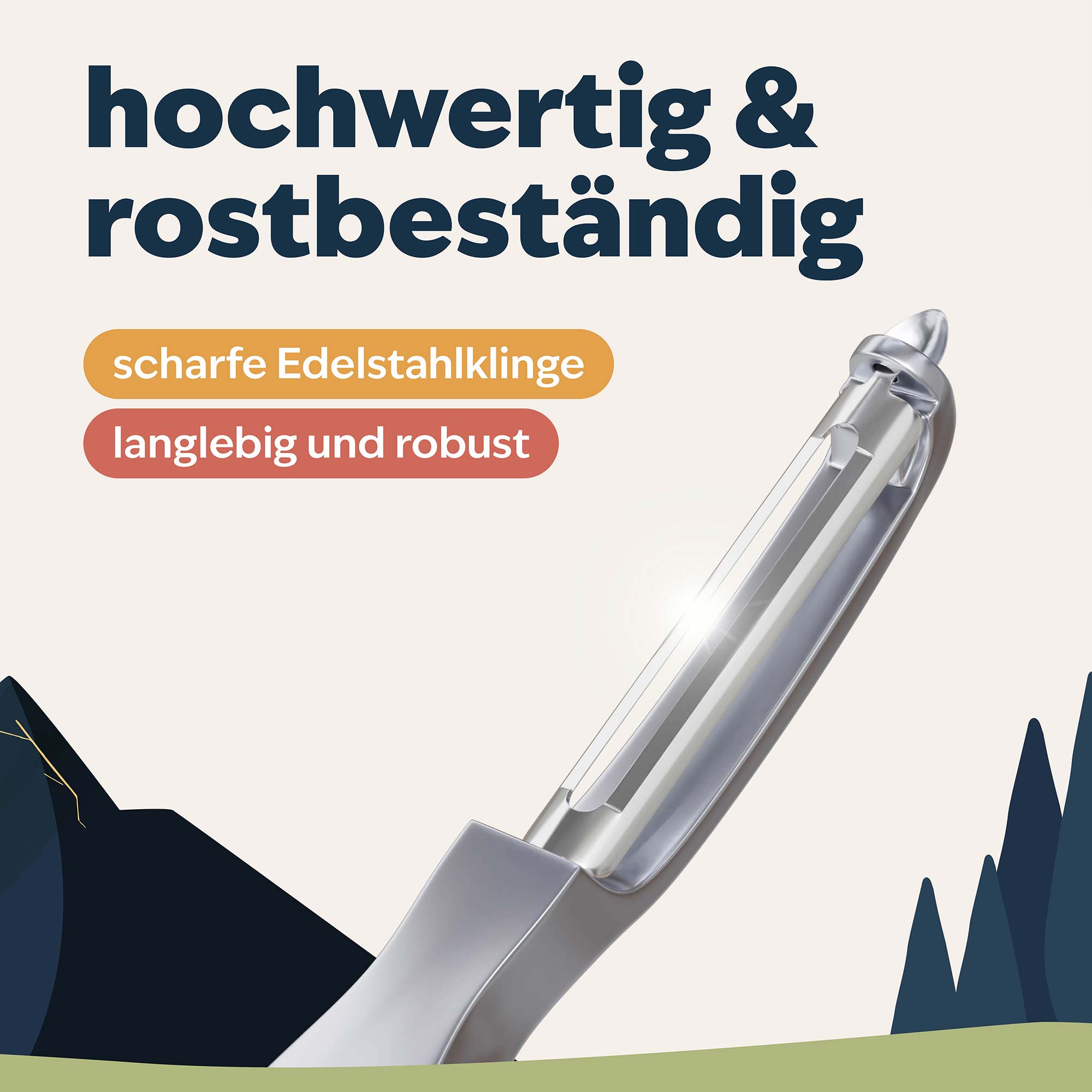 Fokus auf die Lichtreflexe der Klinge des Sparschälers in Nahaufnahme; deutet auf Schärfe hin