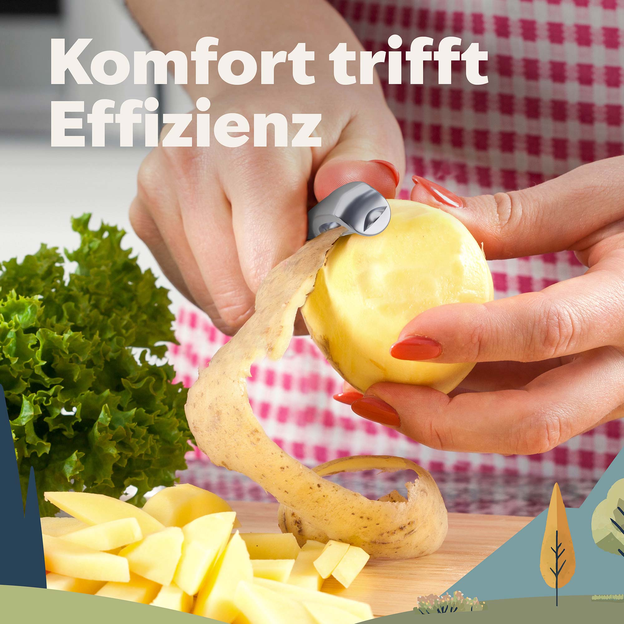 Starke Frauenhand schält Kartoffel mit Sparschäler von kjøk, im Hintergrund Salat und geschnittene Kartoffelstücke