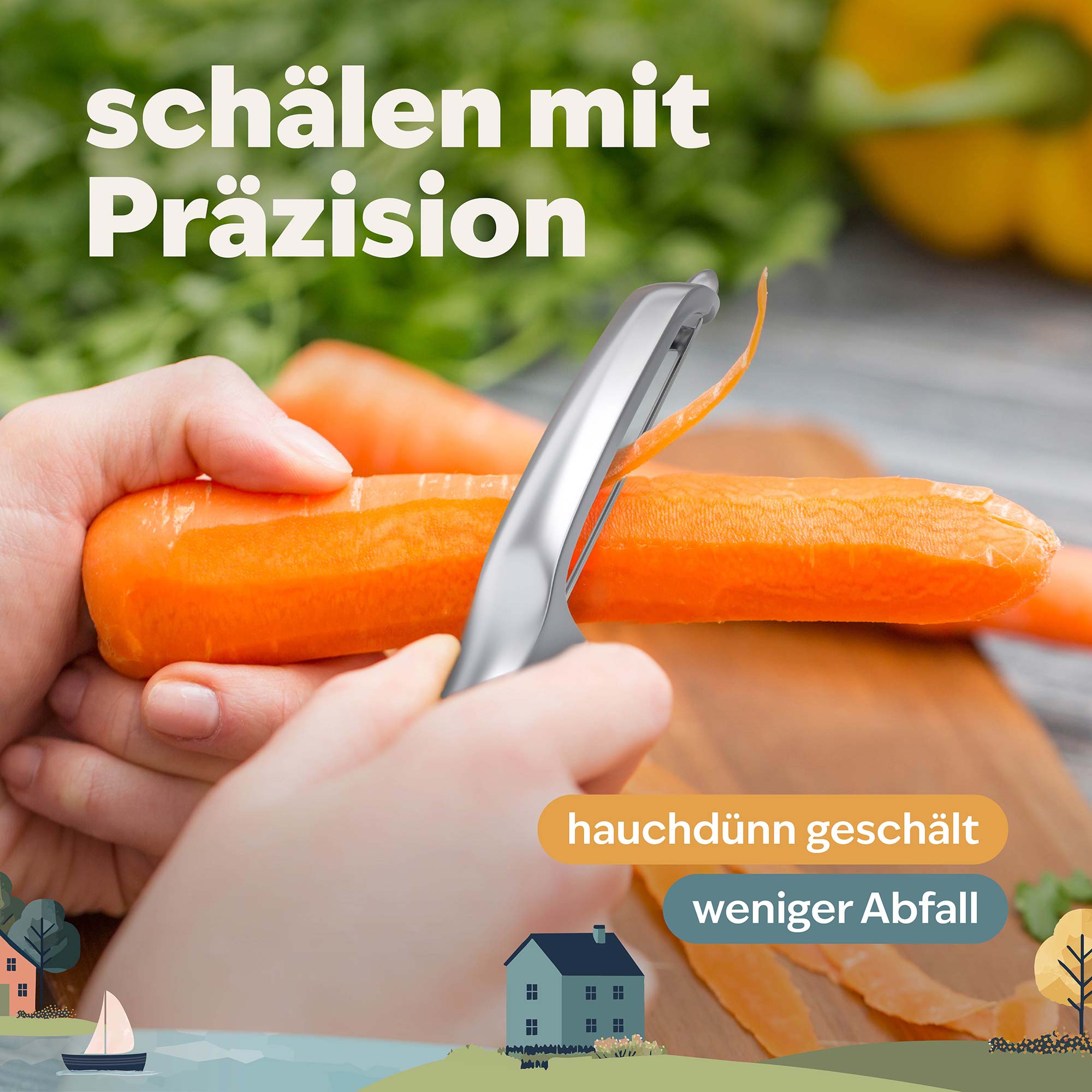 Hand hält Sparschäler und schält eine kleine Karotte