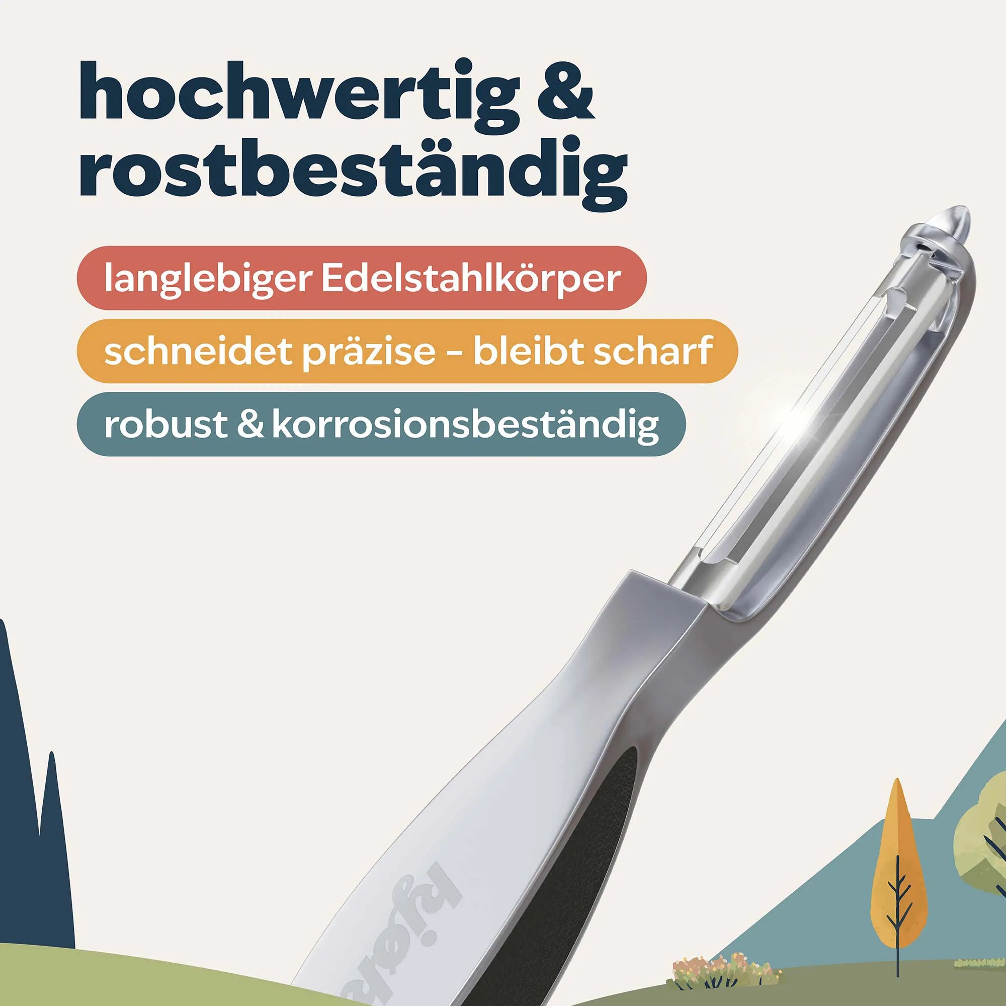 Detailaufnahme des Sparschäler-Sets aus rostfreiem Edelstahl – langlebig, robust und pflegeleicht