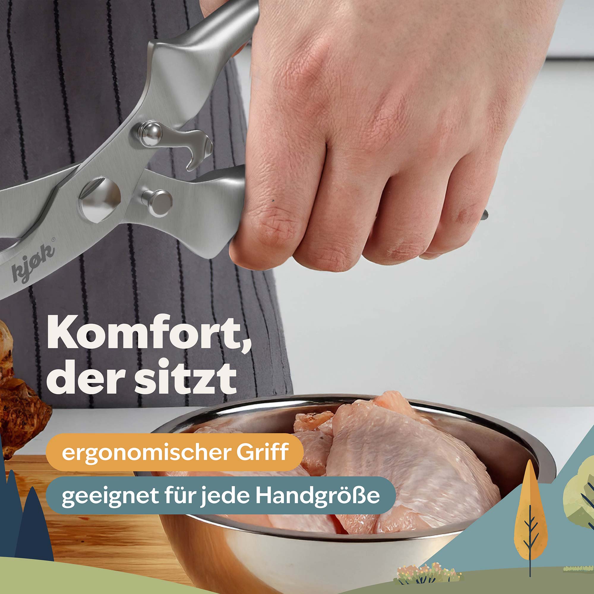 Hand hält Geflügelschere, darunter Schüssel mit rohem Hühnchen