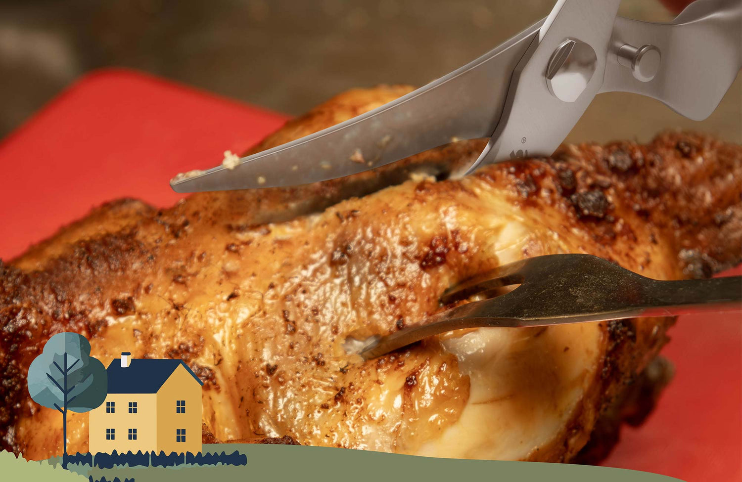 Nahaufnahme Geflügelschere schneidet durch zubereitetes Geflügel