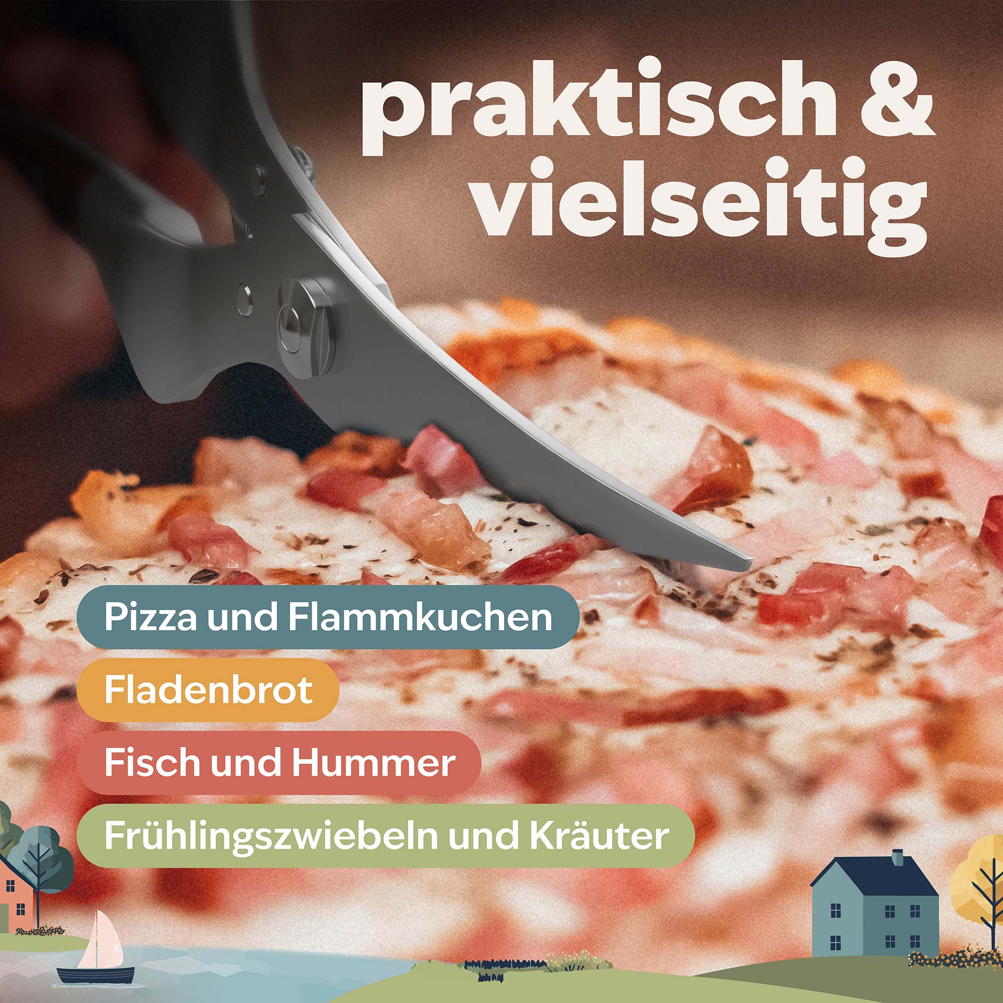 Geflügelschere schneidet durch Pizza