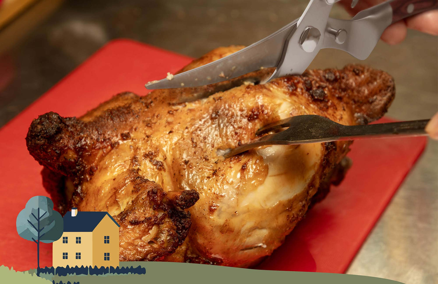 Nahaufnahme Geflügelschere schneidet durch frisch zubereitetes Hähnchen