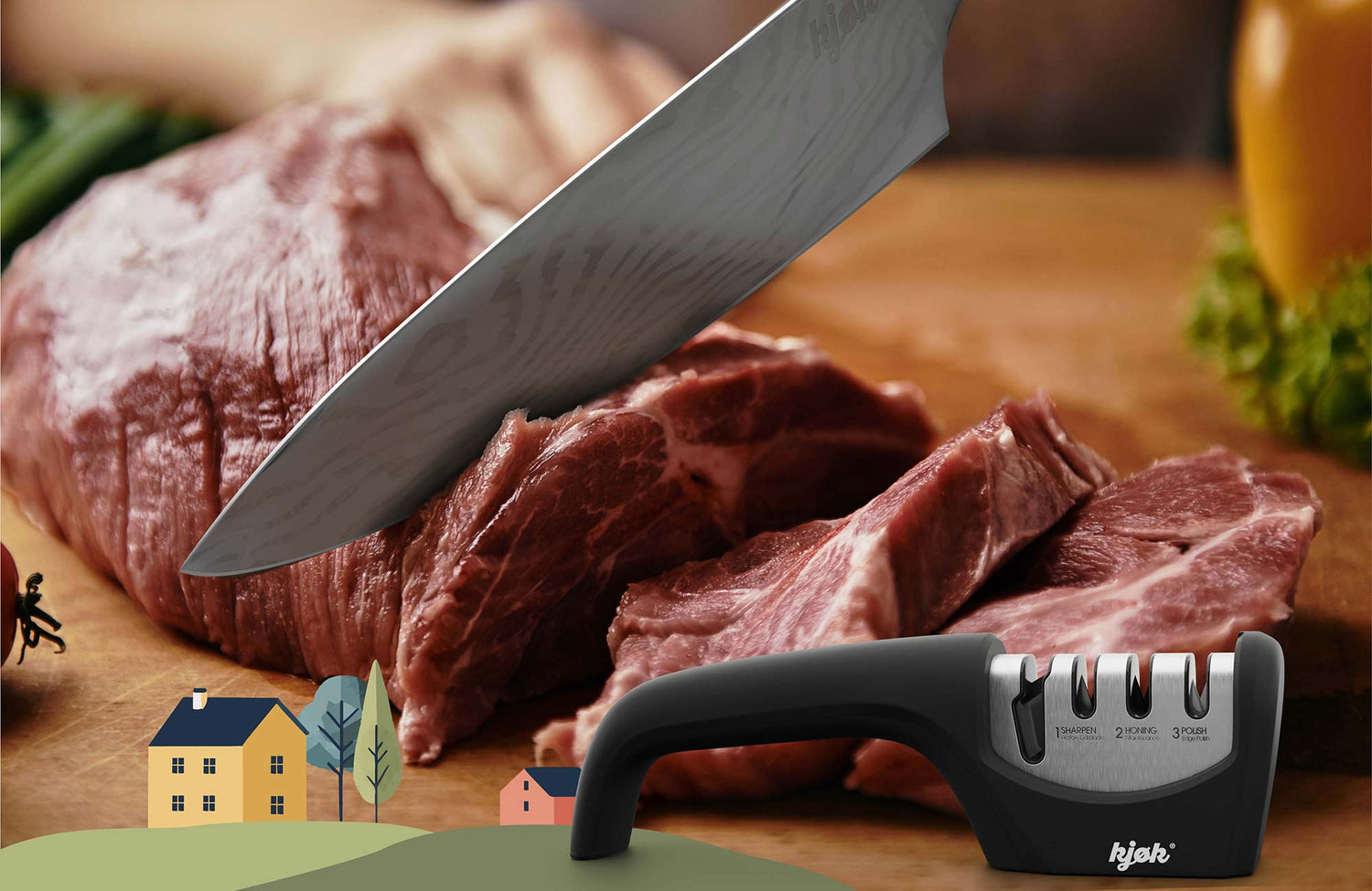 Scharfes Messer schneidet durch Fleisch, Messerschärfer von kjøk im Vordergrund