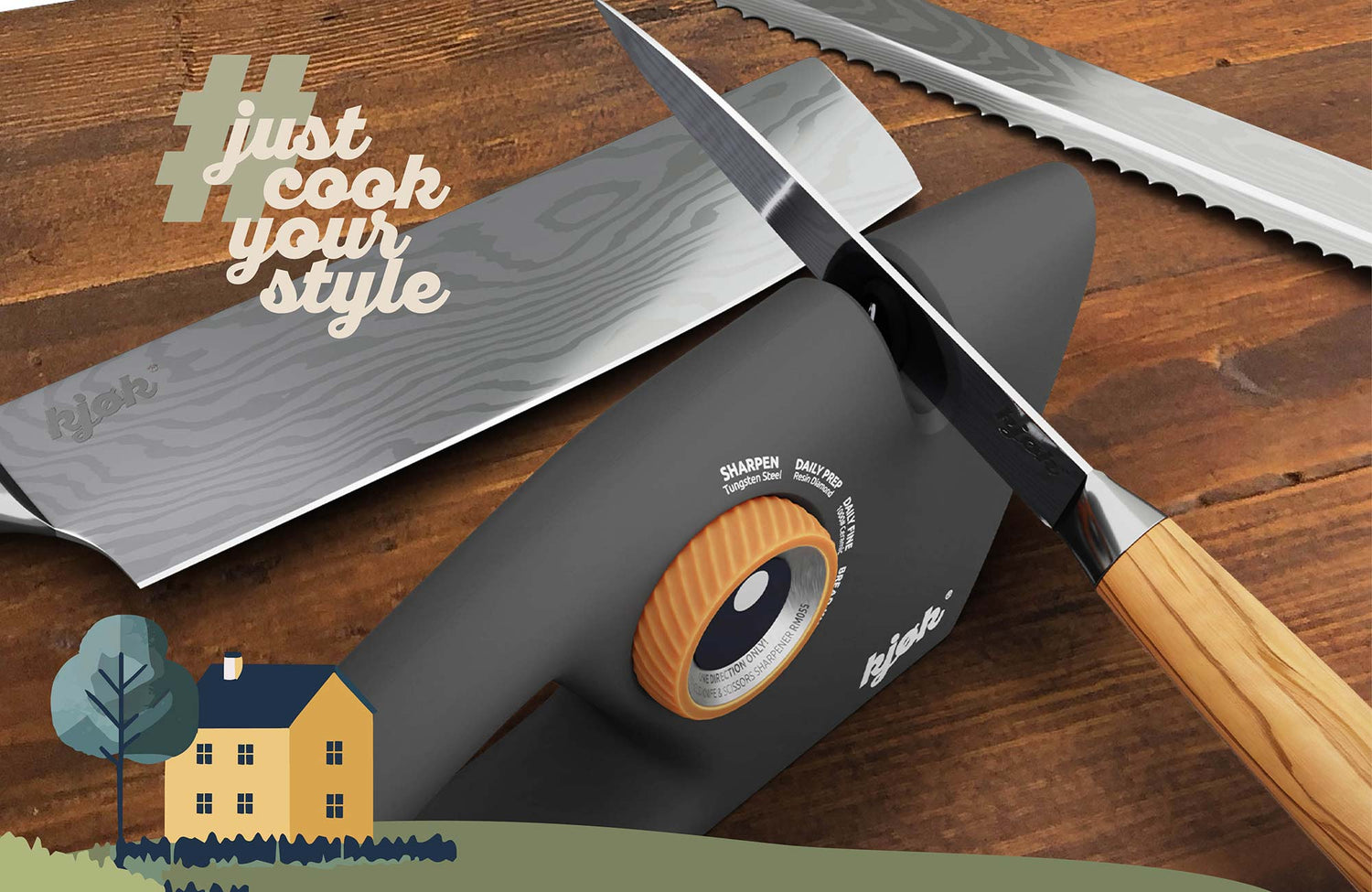 Messerschärfer von kjøk schärft kleines Messer, im Hintergrund Chefmesser und Brotmesser