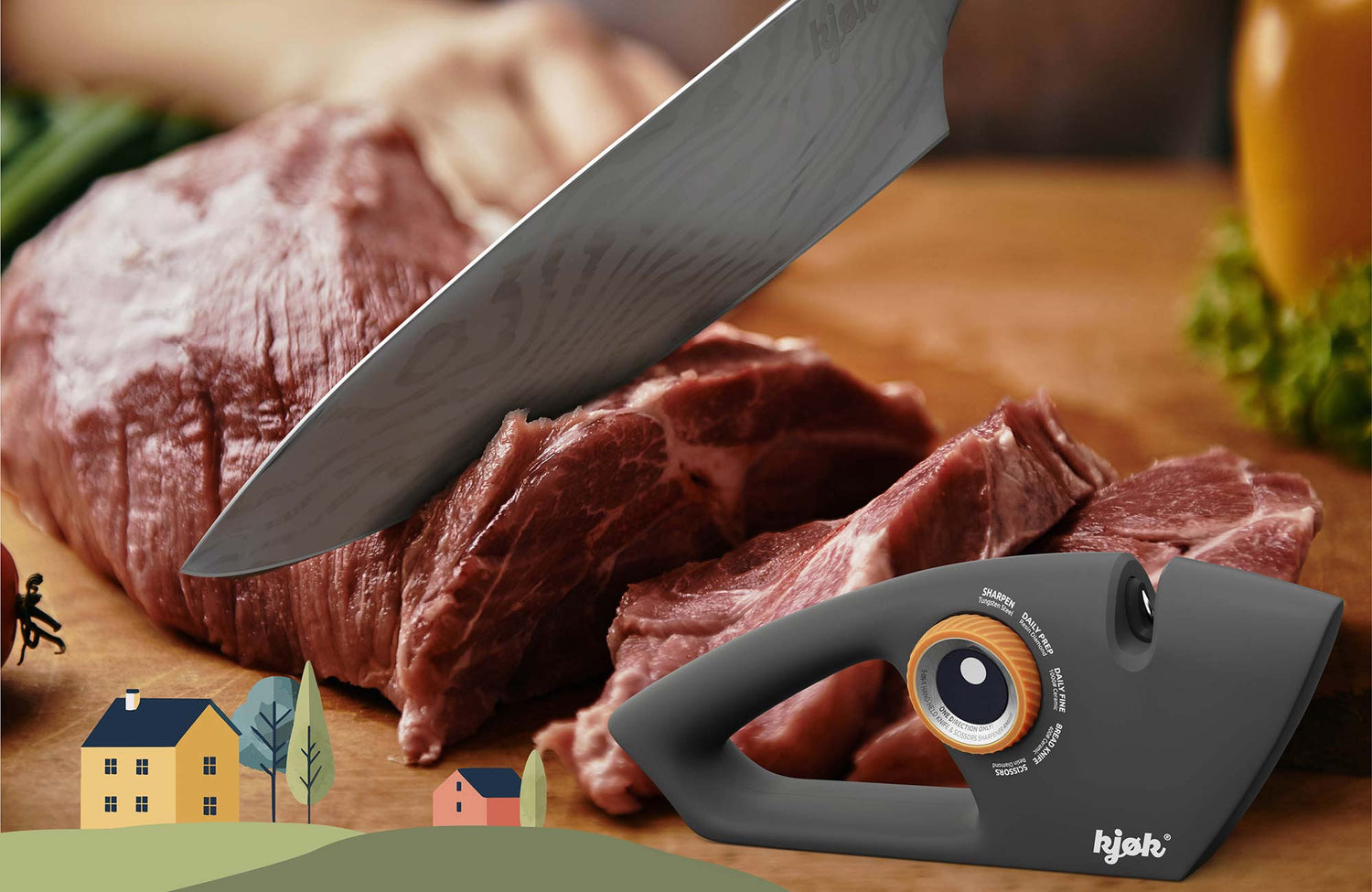 kjøk Messer schneidet durch Fleischfilet, im Vordergrund Messerschärfer