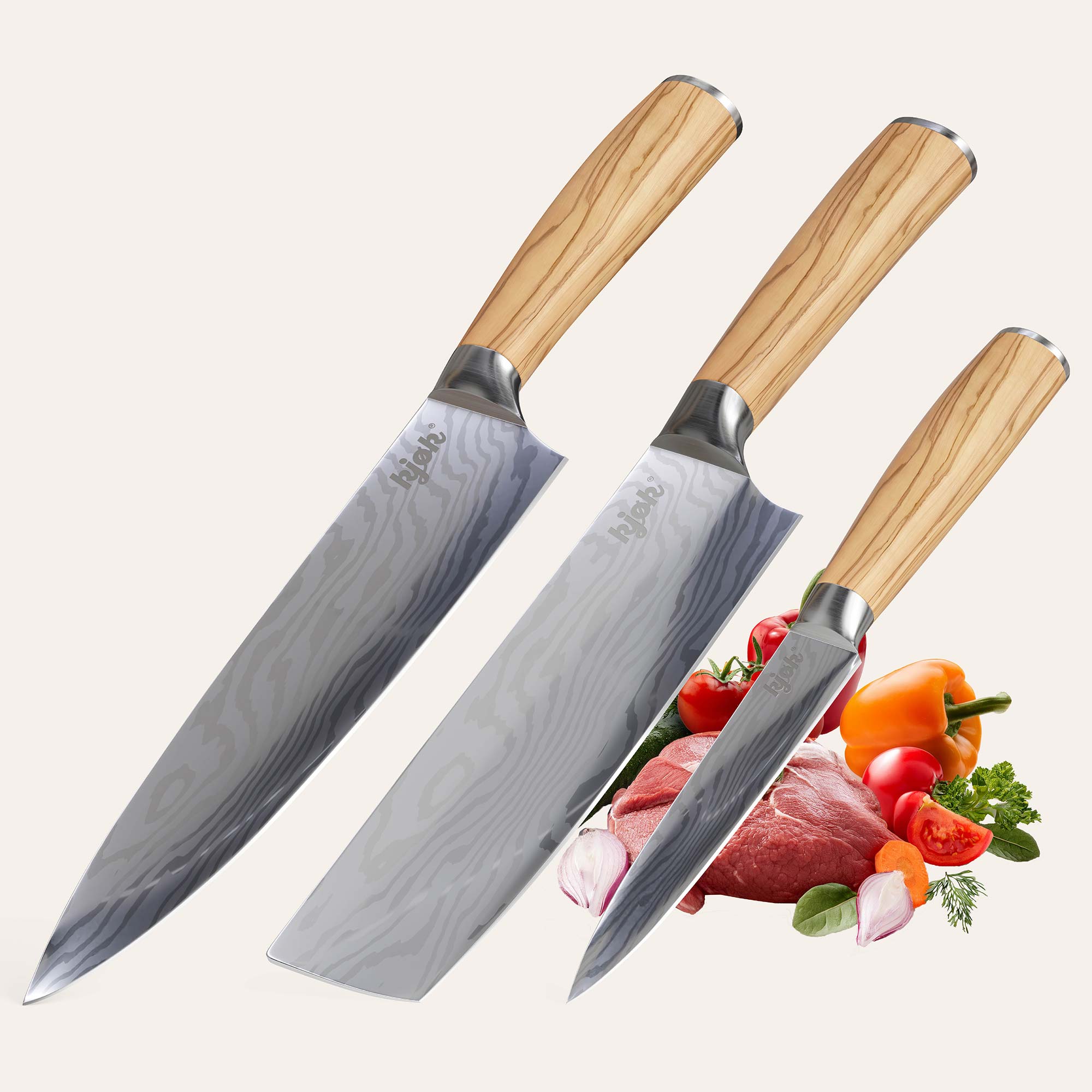 3er Set Scharfe Messer mit Olivenholzgriff