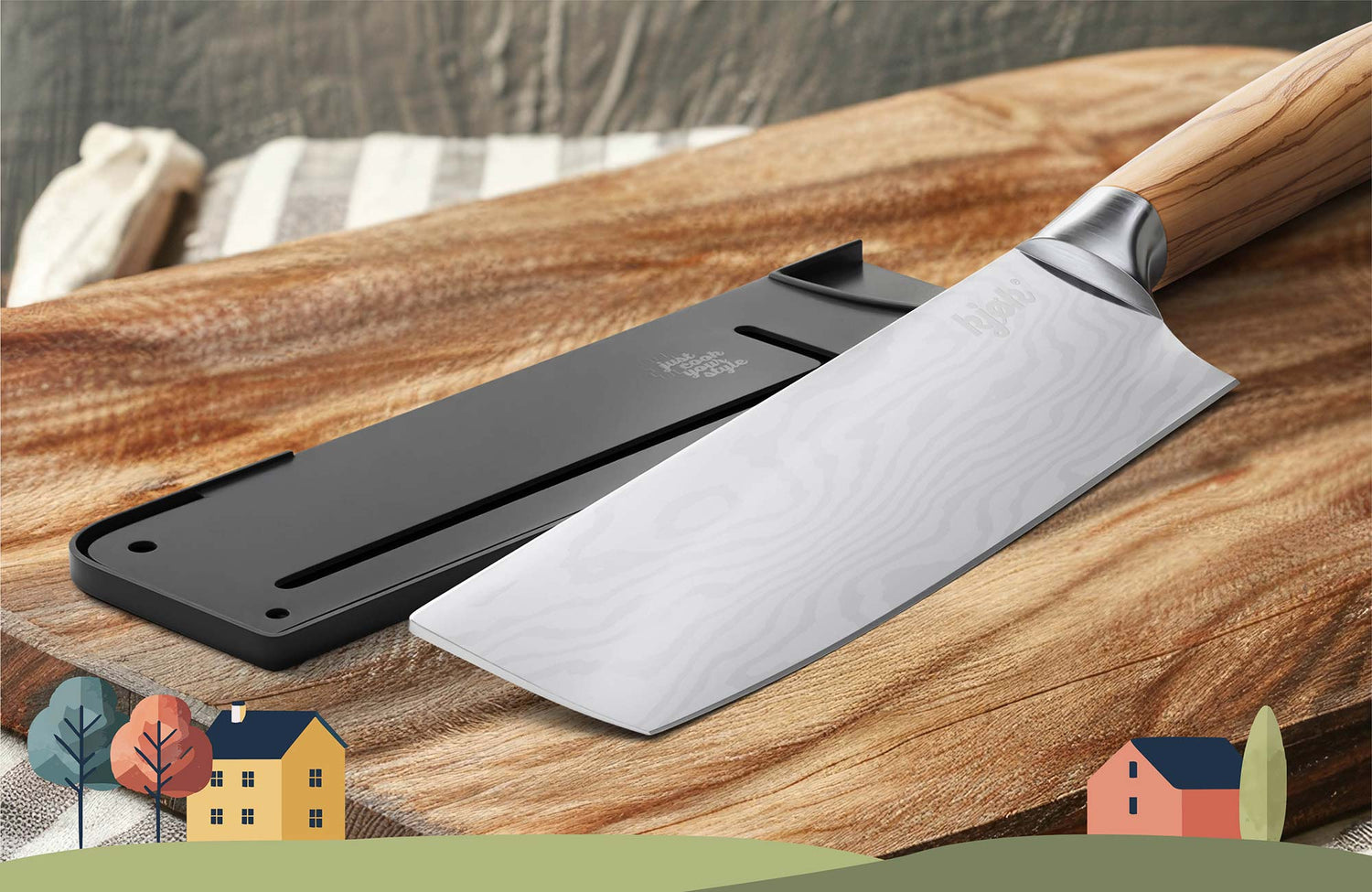 Nakirimesser mit Klingenschutz auf Holzbrett