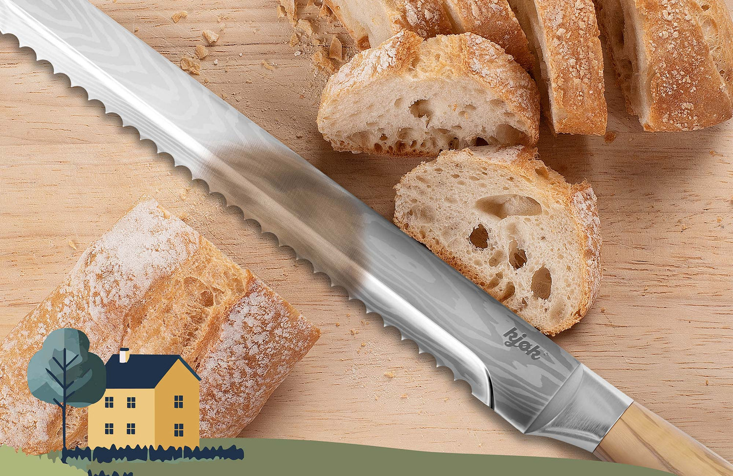 Kjøk Brotmesser mit Damast-Design in Nahaufnahme beim Brotschneiden