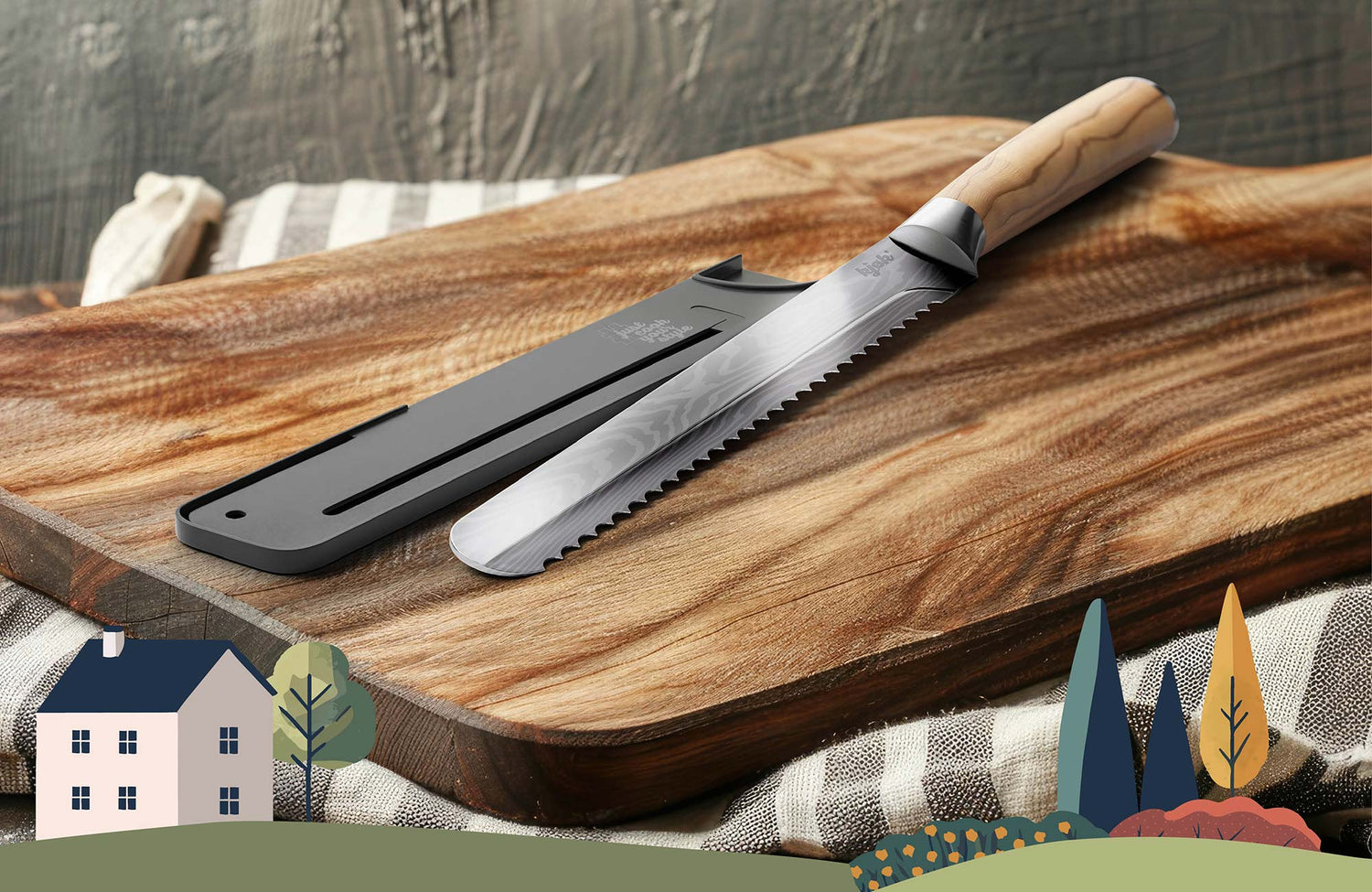 Hochwertiges Brotmesser mit Klingenschoner auf Holzbrett