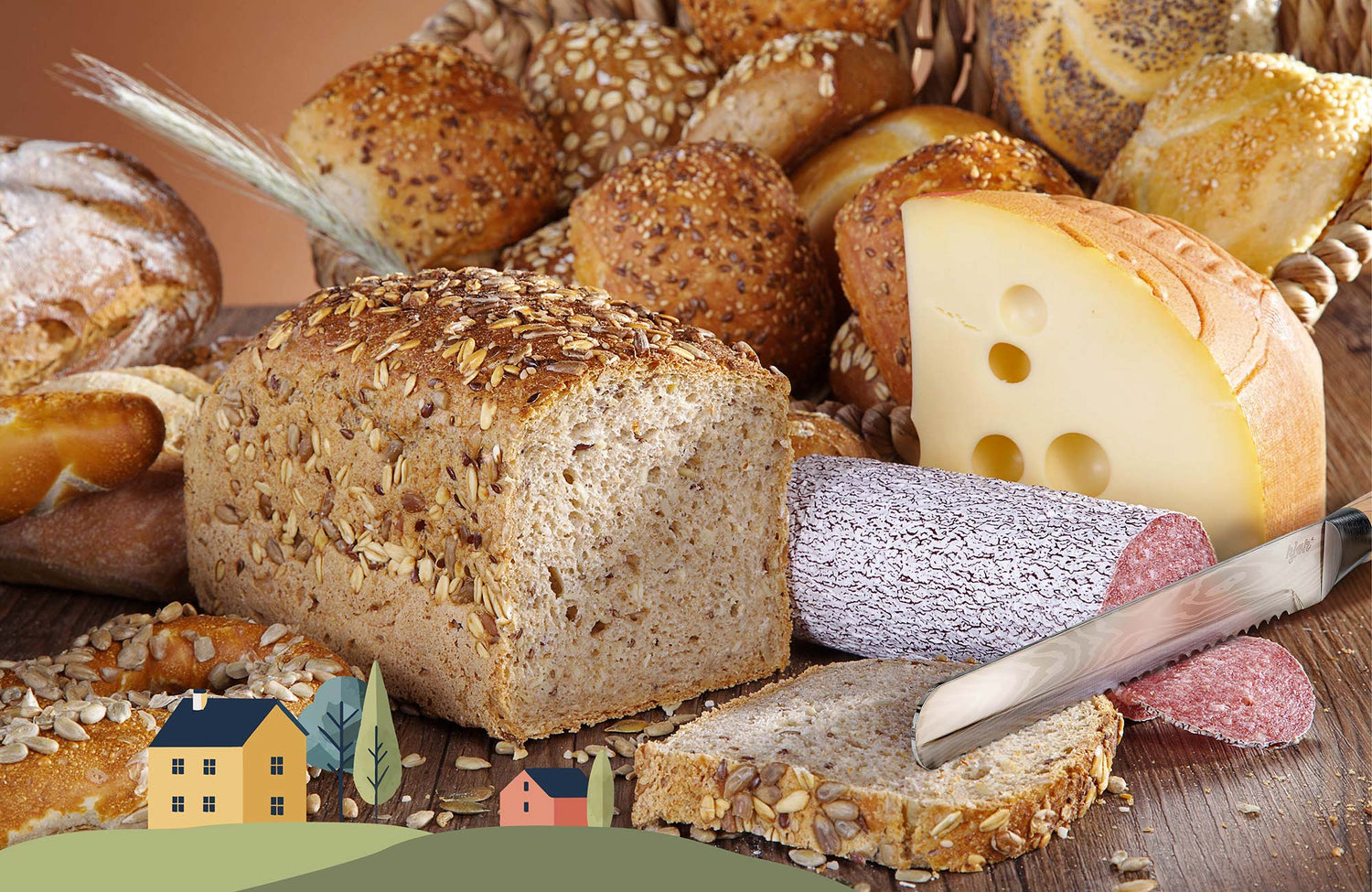 Brotmesser mit Wellenschliff neben Körnerbrot, Salami und Käsestück auf Holztisch