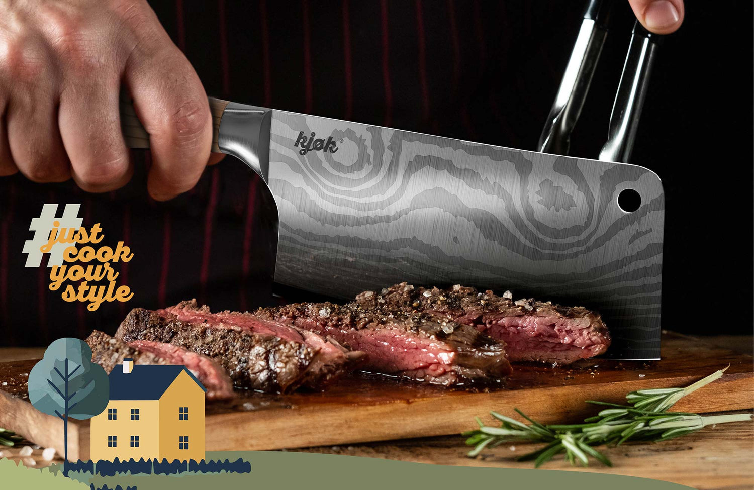 Kjøk Fleischbeil beim Tranchieren von Steak, kräftiger Griff und dunkler Hintergrund