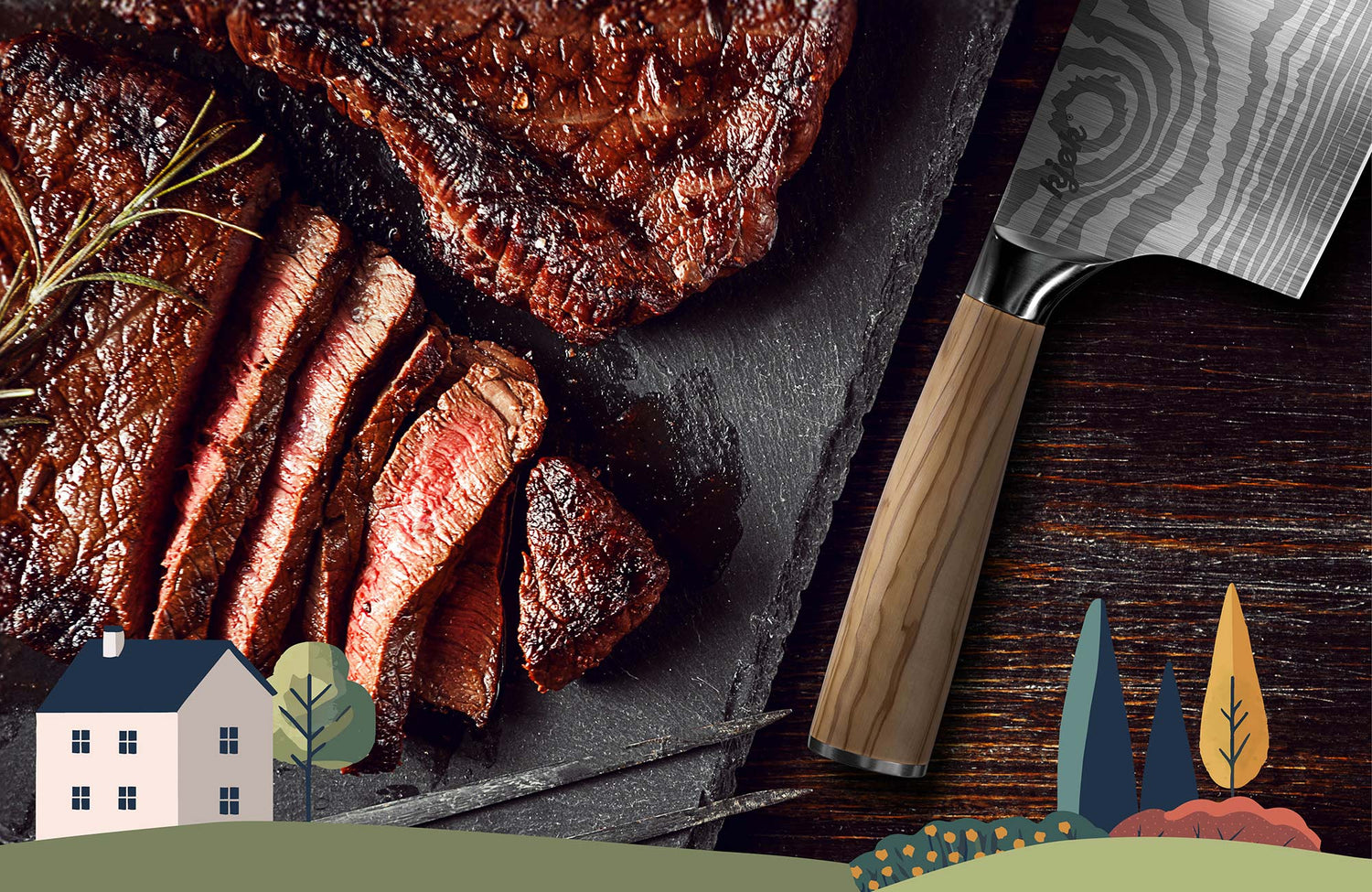 Detailansicht vom Olivenholzgriff eines Messers mit Rindfleisch auf Schiefer angerichtet