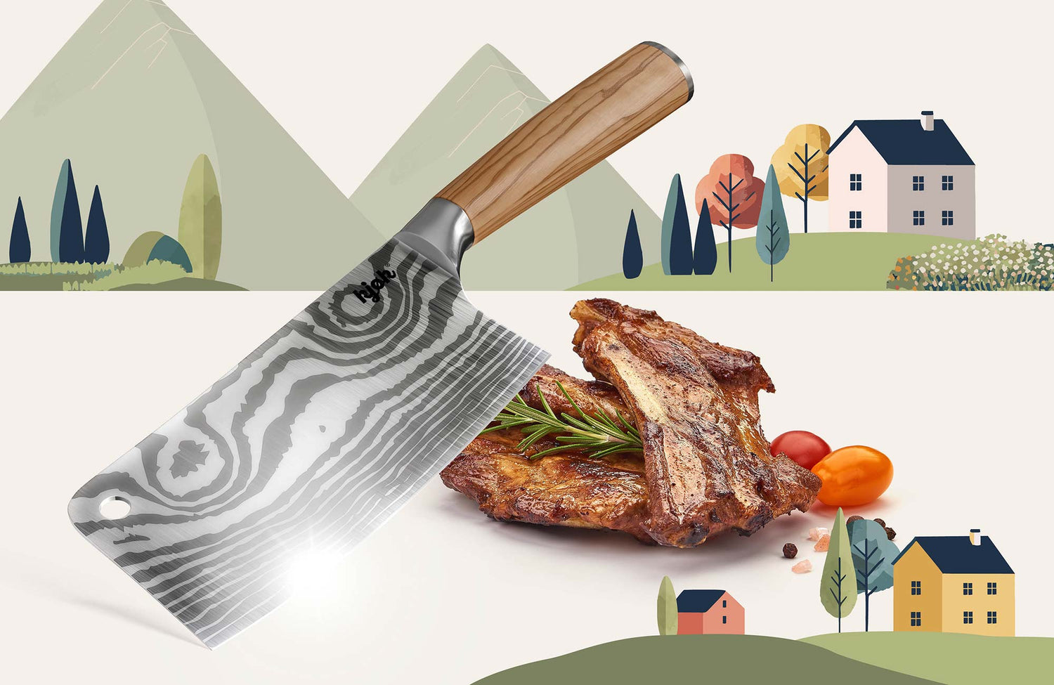 Kjøk Fleischmesser mit Olivenholzgriff und Rippchen angerichtet vor grafischem Bergpanorama