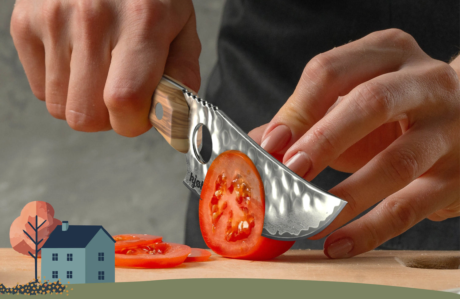 Damastmesser beim Schneiden von Tomaten – ultrascharfe 67-Lagen-Klinge mit japanischem AUS-10 Stahlkern für präzise Schnitte