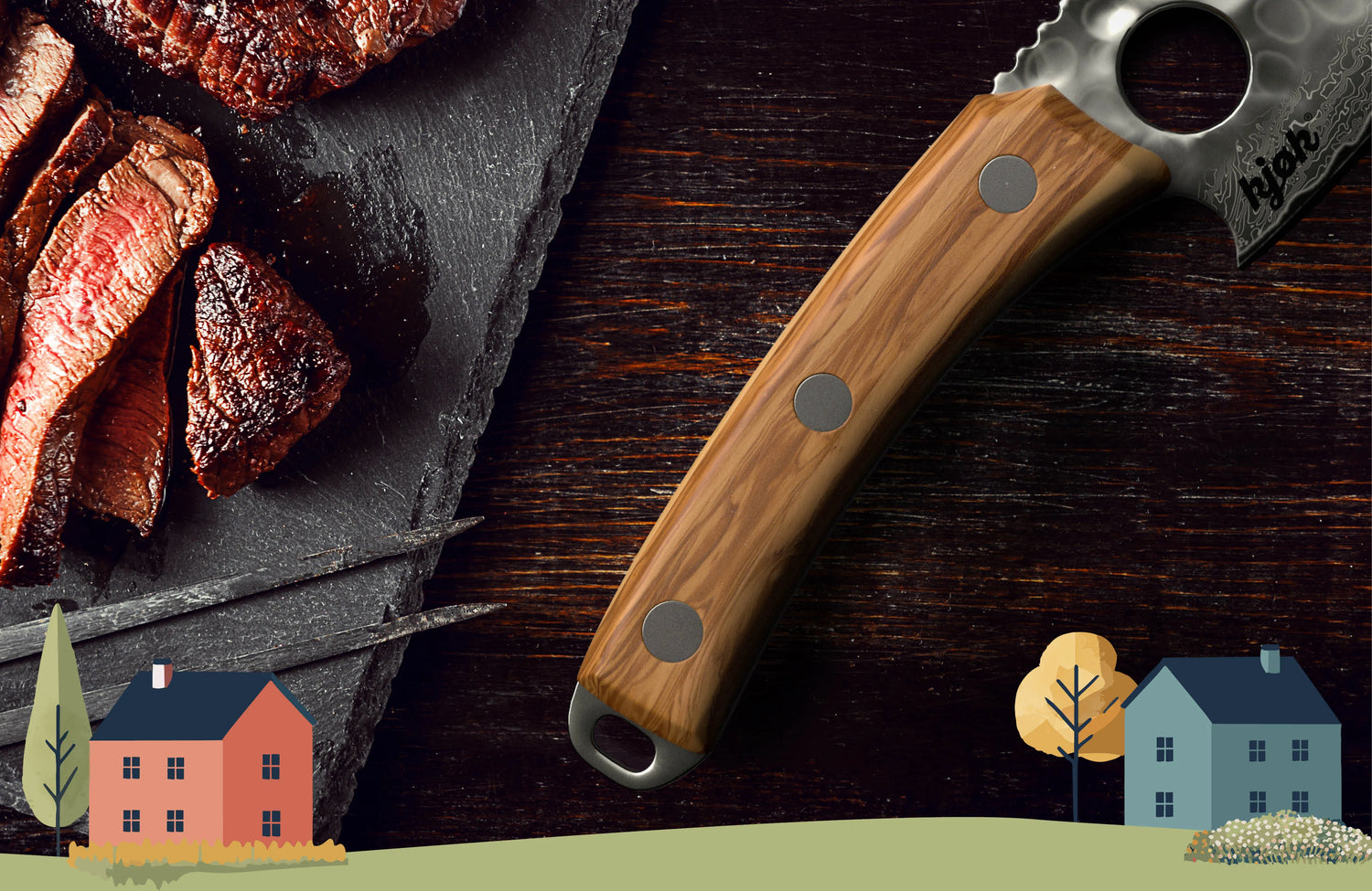 Olivenholzgriff eines Damastmessers – ergonomisch geformt, antibakteriell und handgeölt für natürlichen Glanz und sicheren Halt