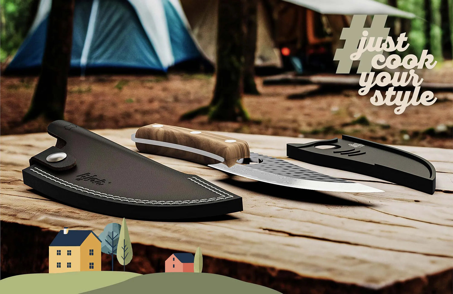 Lederetui für Messer beim Camping auf Holztisch abgelegt