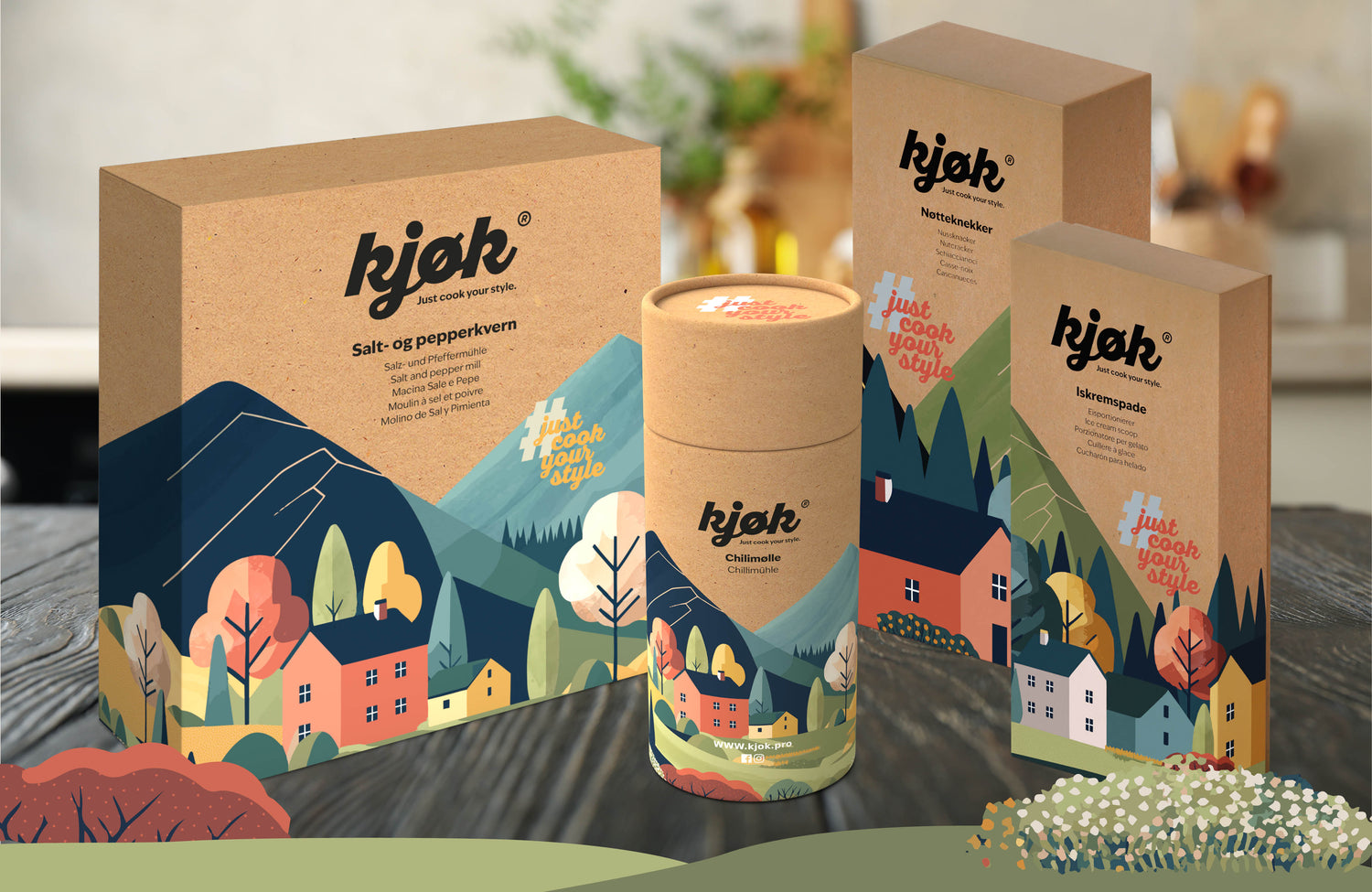 kjøk Verpackungsdesign für Salz- und Pfeffermühle, Nussknacker, Chilli-Mühle und Eiskelle – nachhaltige Geschenkverpackung mit skandinavischem Illustrationsstil