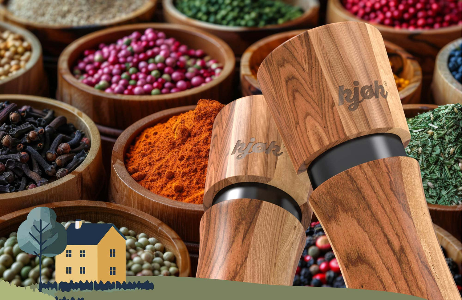 Salz- und Pfeffermühlen in Nahaufnahme vor verschiedenen Arten von Gewürzen