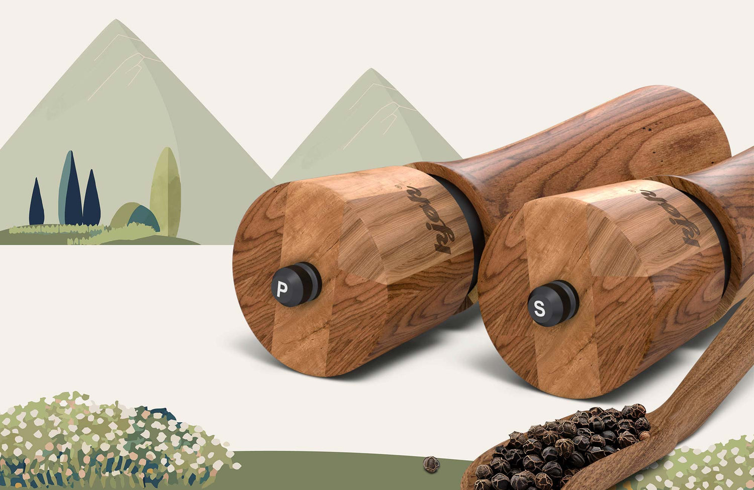 Mühlen liegen auf der Seite, sodass P und S Gravur sichtbar ist an der Oberseite