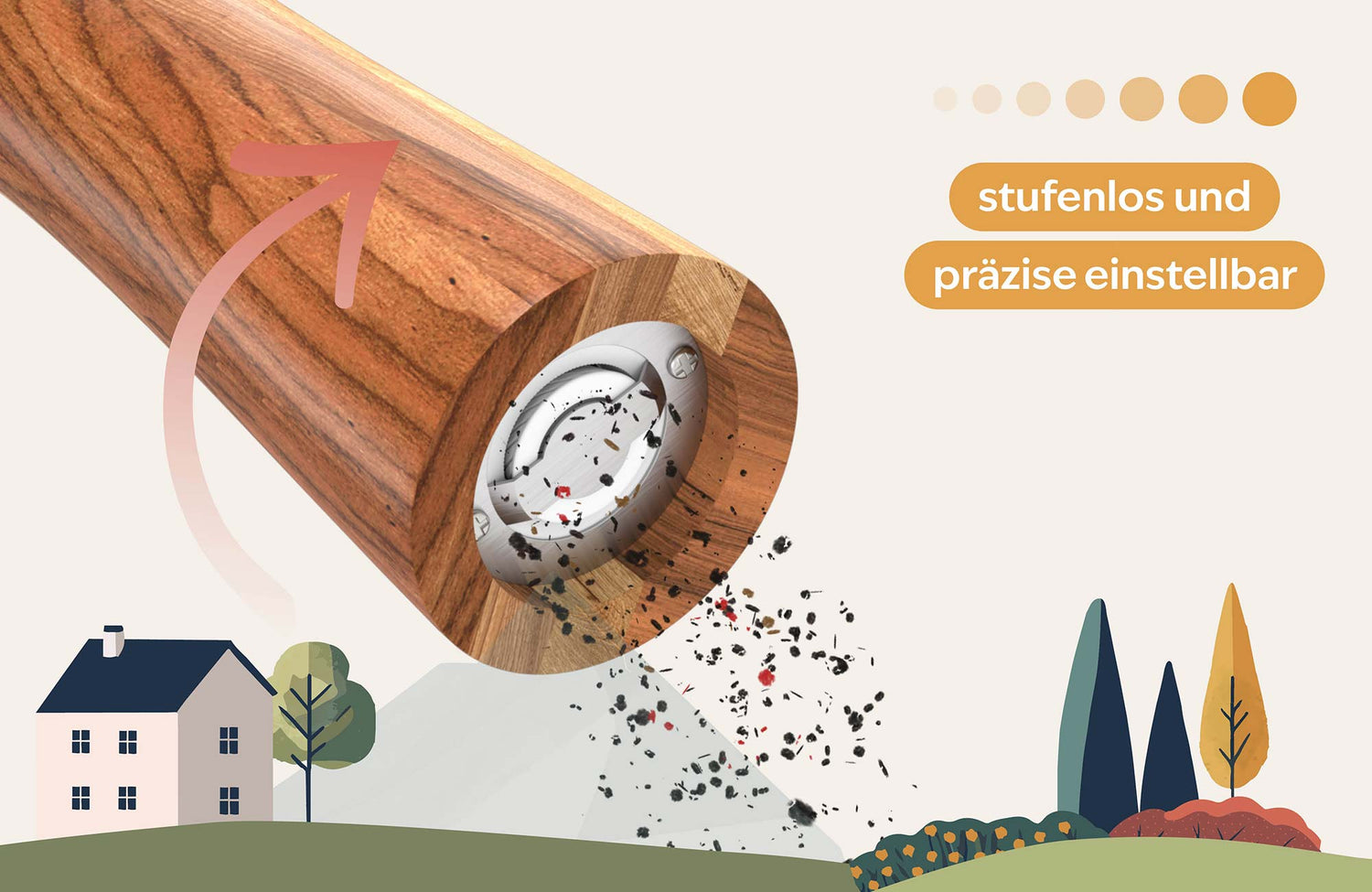 Mühlwerk in Nahaufnahme, zeigt gemahlenes Gewürz, dass herunterrieselt