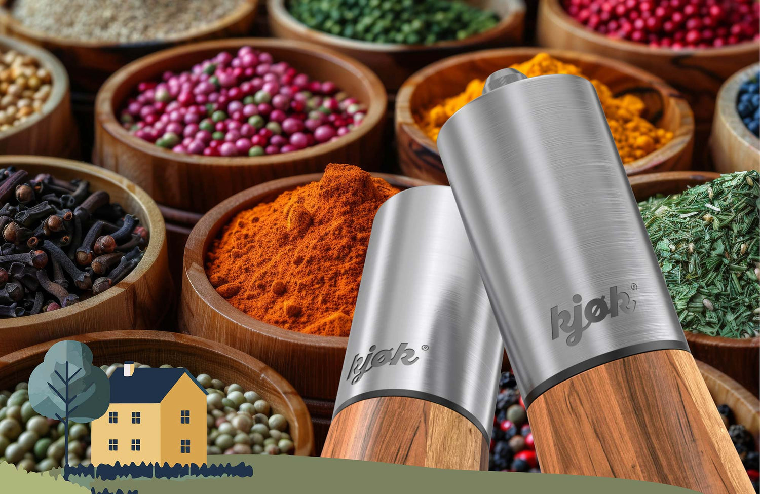 Salz- und Pfeffermühlen in Nahaufnahme vor verschiedenen Arten von Gewürzen