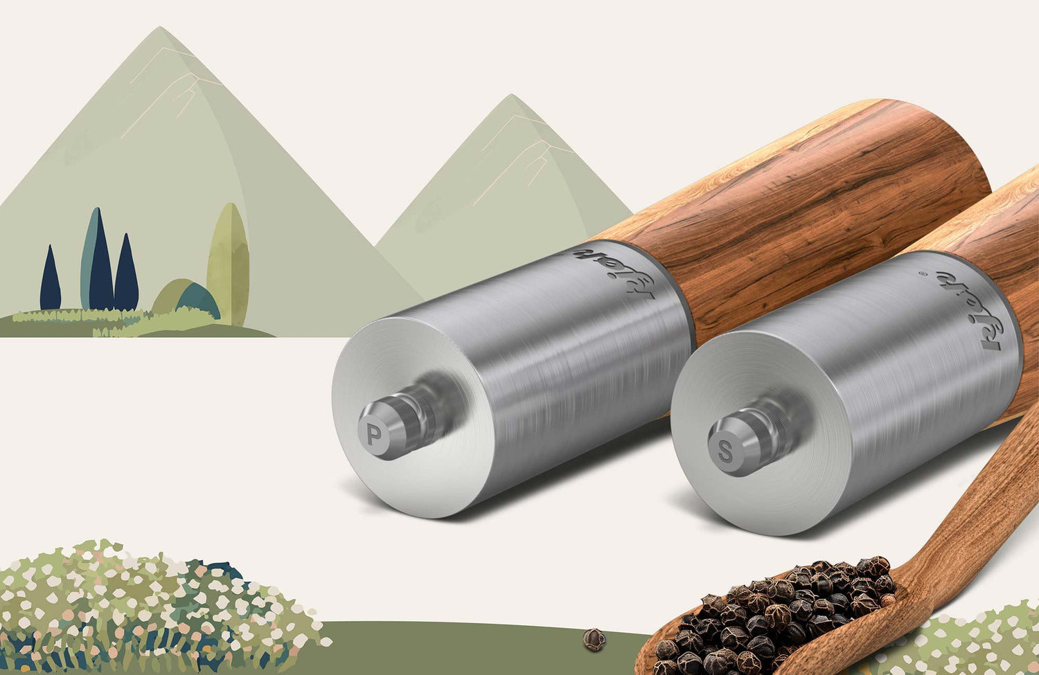 Mühlen liegen auf der Seite, sodass P und S Gravur sichtbar ist an der Oberseite