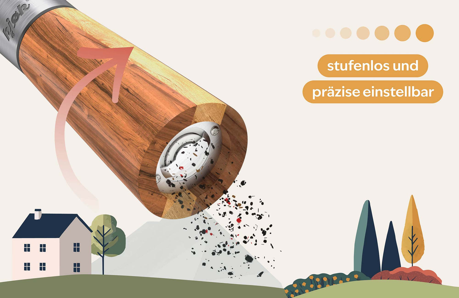 Mühlwerk in Nahaufnahme, zeigt gemahlenes Gewürz, dass herunterrieselt