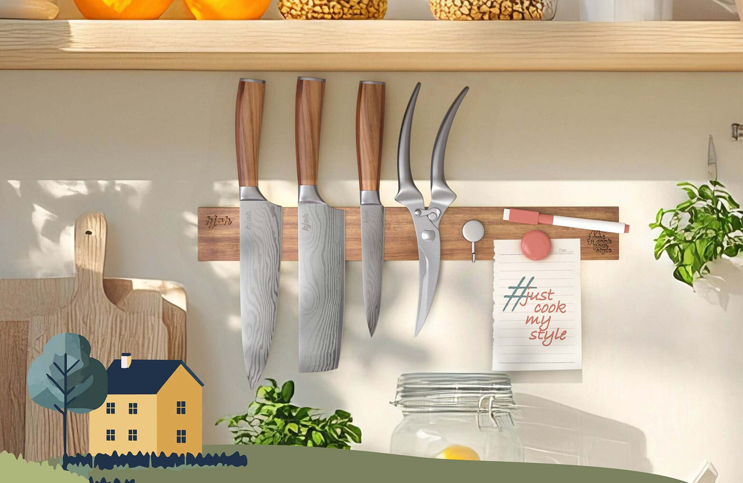 kjøk Magnetleiste mit Küchenmessern und Geflügelschere aus Edelstahl und Olivenholz – dekorativ und funktional in stilvoller Küchenumgebung