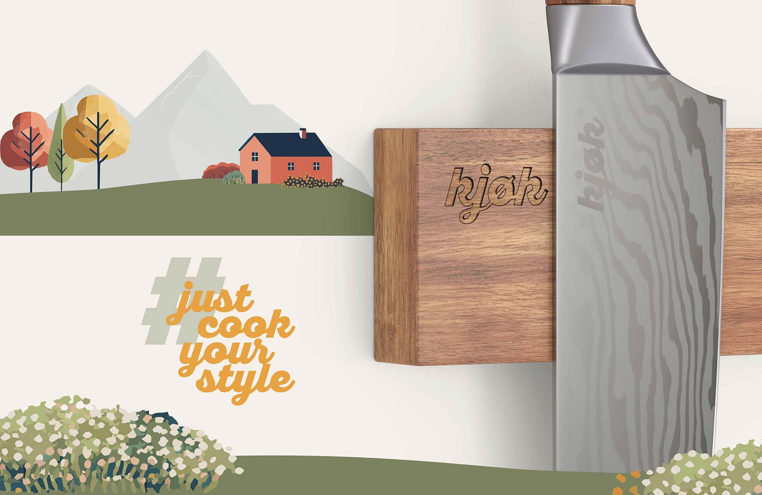 kjøk Magnet-Messerleiste aus Holz mit graviertem Logo und Damastmesser – stilvolle Aufbewahrung für hochwertige Küchenmesser mit #justcookyourstyle