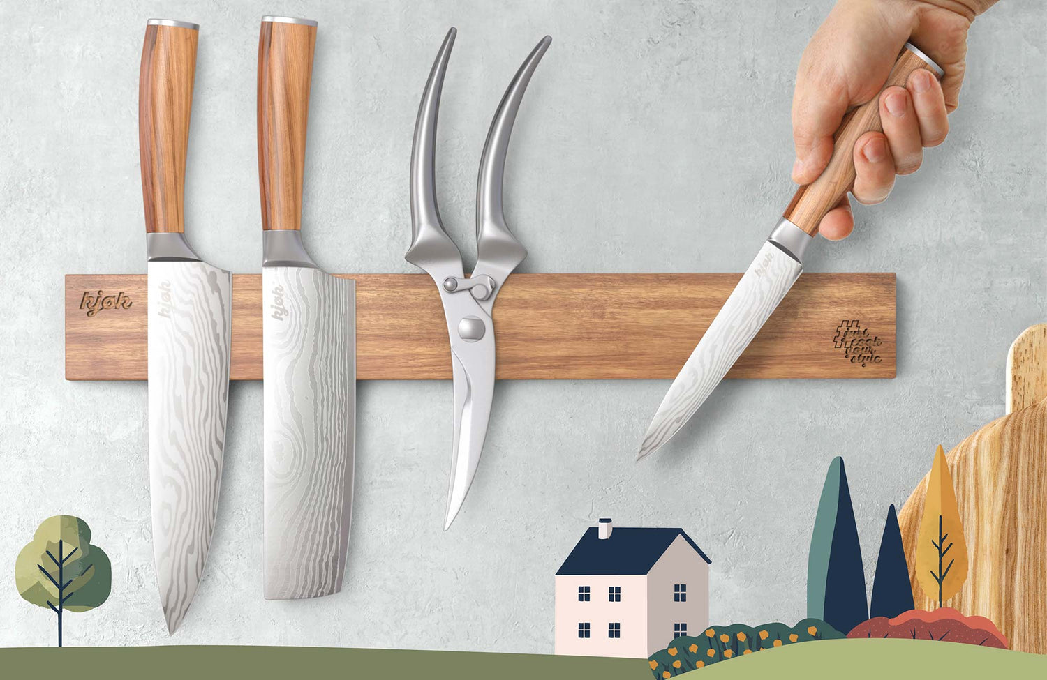 kjøk Messer und Geflügelschere mit Olivenholzgriff an magnetischer Messerleiste aus Holz – hochwertiges Küchenzubehör in skandinavischem Design