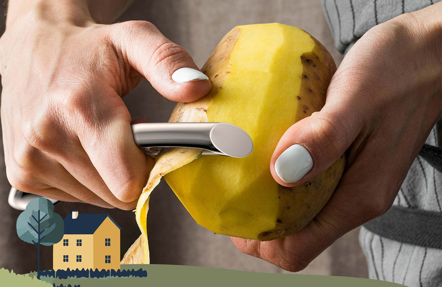 Kartoffel wird mit dem kjøk Sparschäler aus Edelstahl geschält – ergonomischer Griff und präzise Klinge für müheloses Schälen